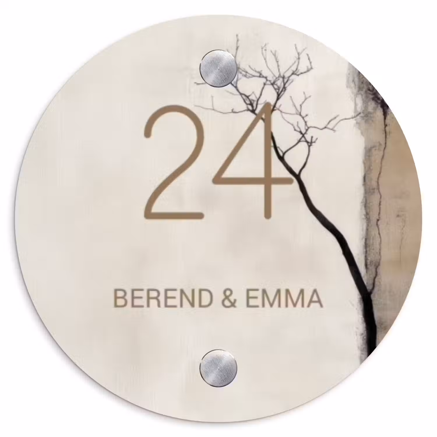 Boomsilhouet beige achtergrond - Klassiek Naambord Rond klein -3d