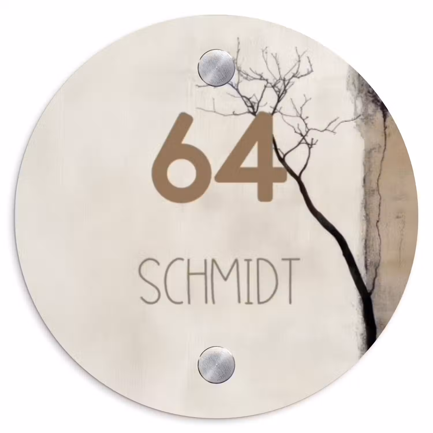 Boomsilhouet beige achtergrond - Modern Naambord Rond klein -3d