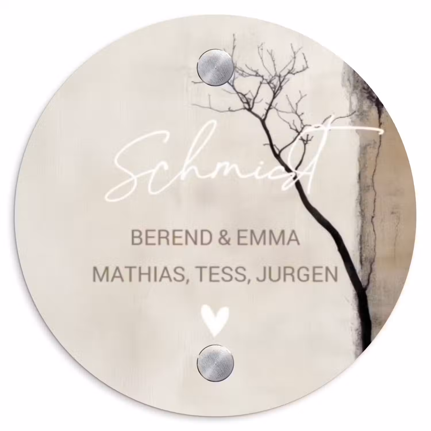 Boomsilhouet beige achtergrond - Sierlijk Naambord Rond klein -3d