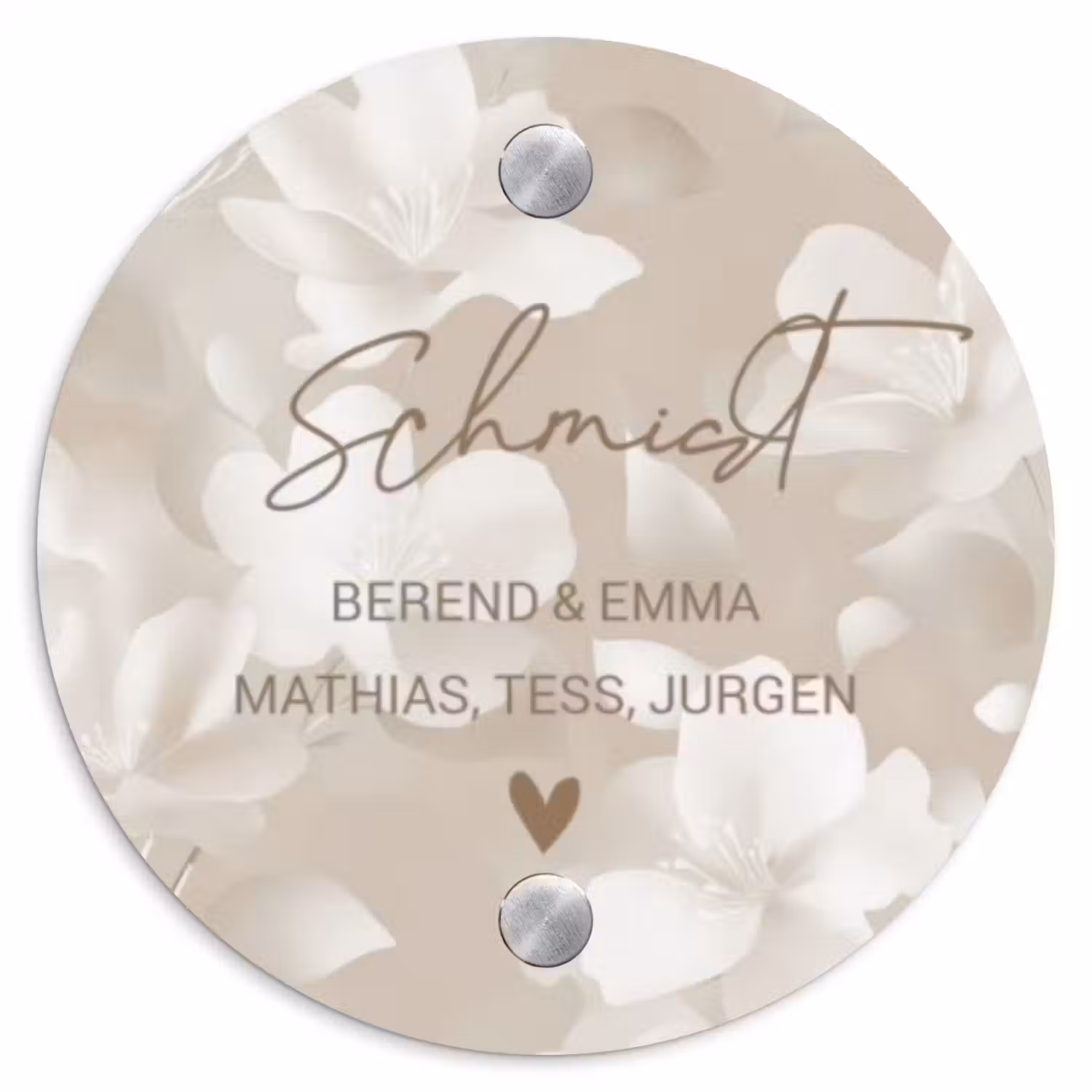 Beigefarbene Blumen - Elegant Naambord Rond klein -3d