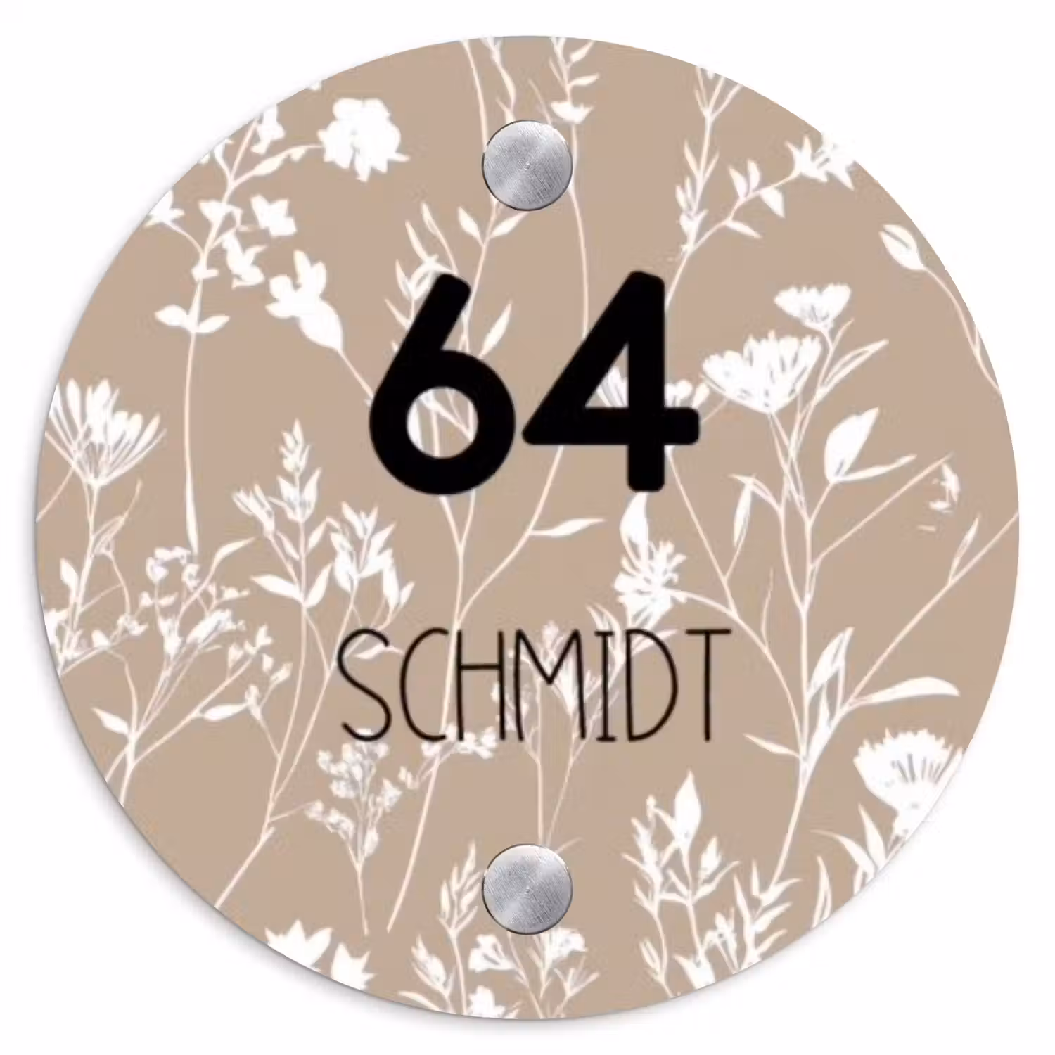 Beiges Blumenmuster - Modern Naambord Rond klein -3d