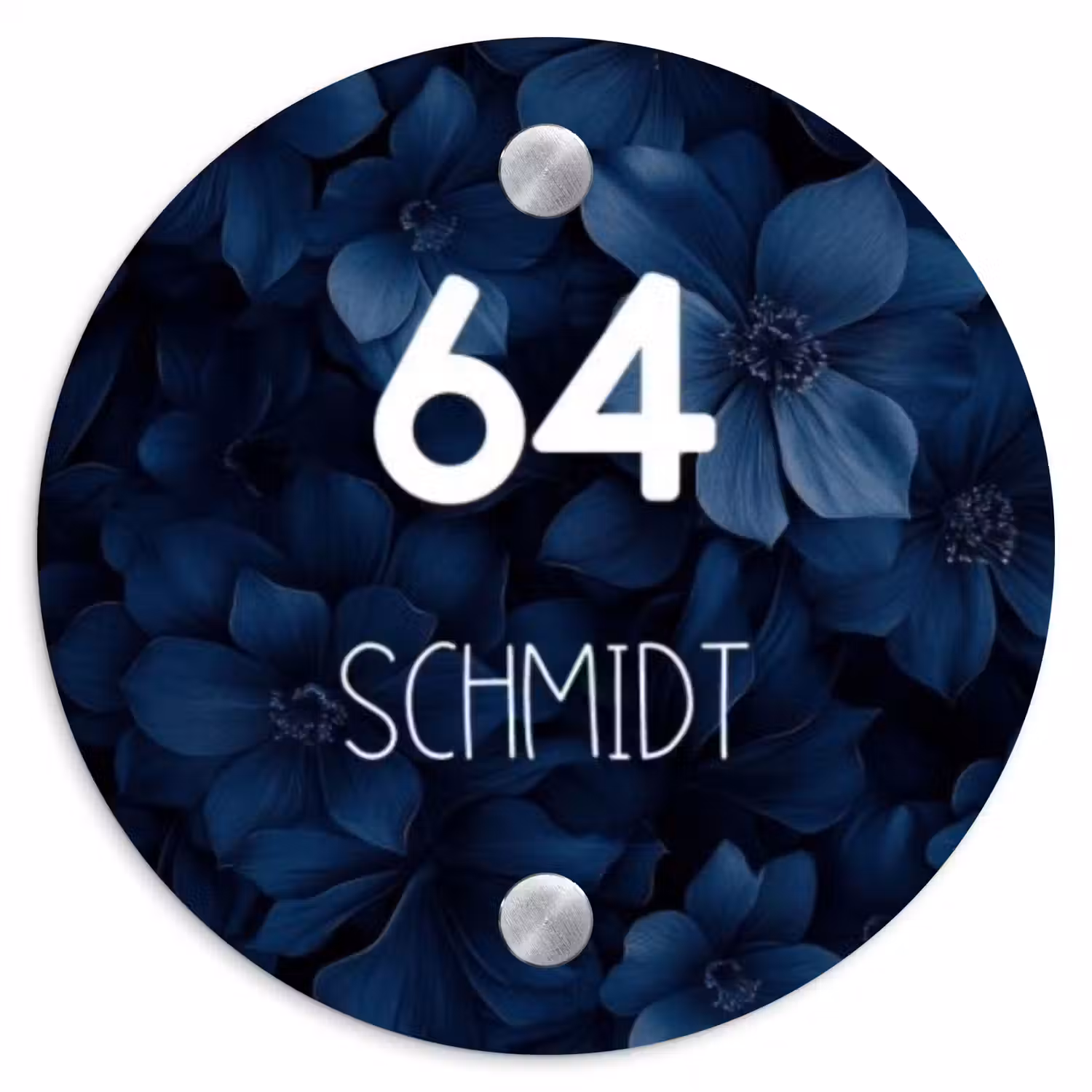Blauwe bloemen - Modern Naambord Rond klein -3d