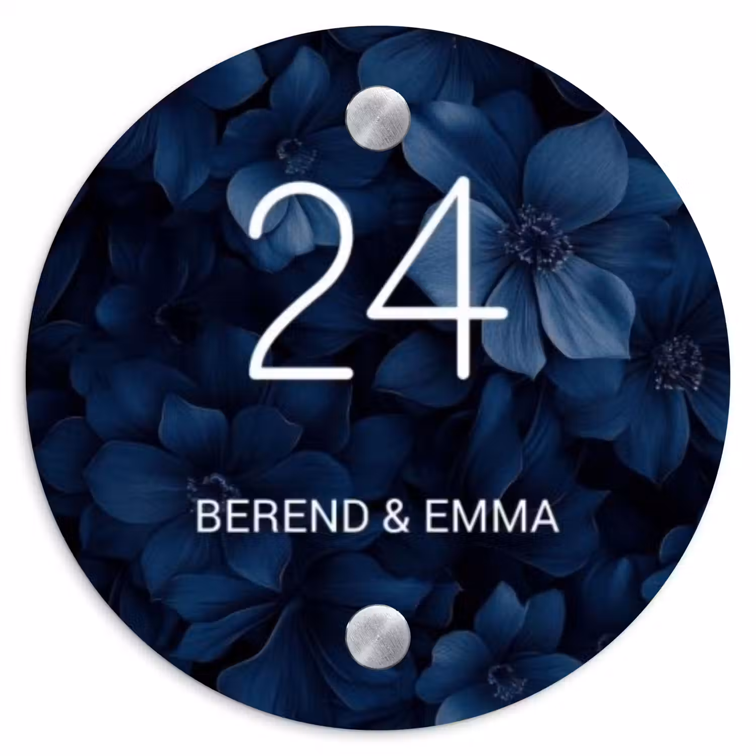 Blauwe bloemen - Sierlijk Naambord Rond klein -3d