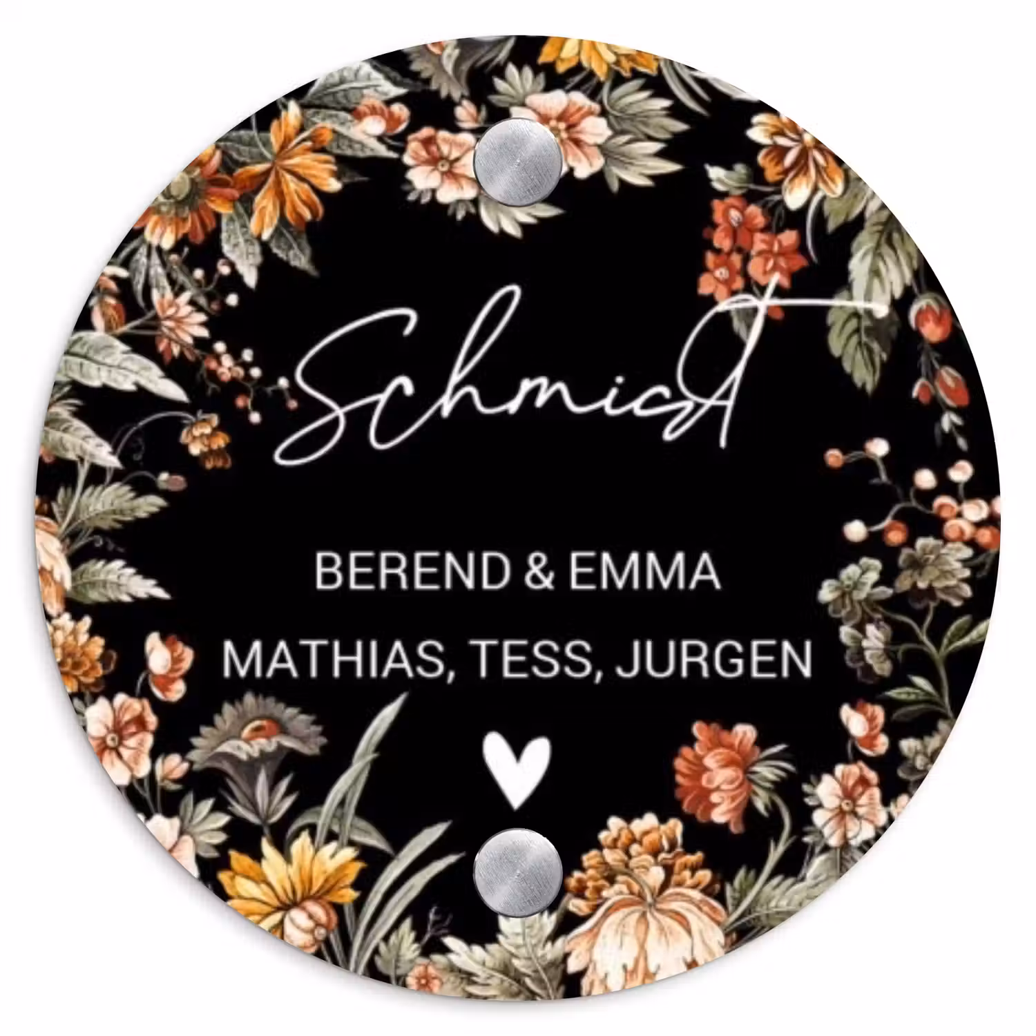 Bloemen - Zwart - Sierlijk Naambord Rond klein -3d
