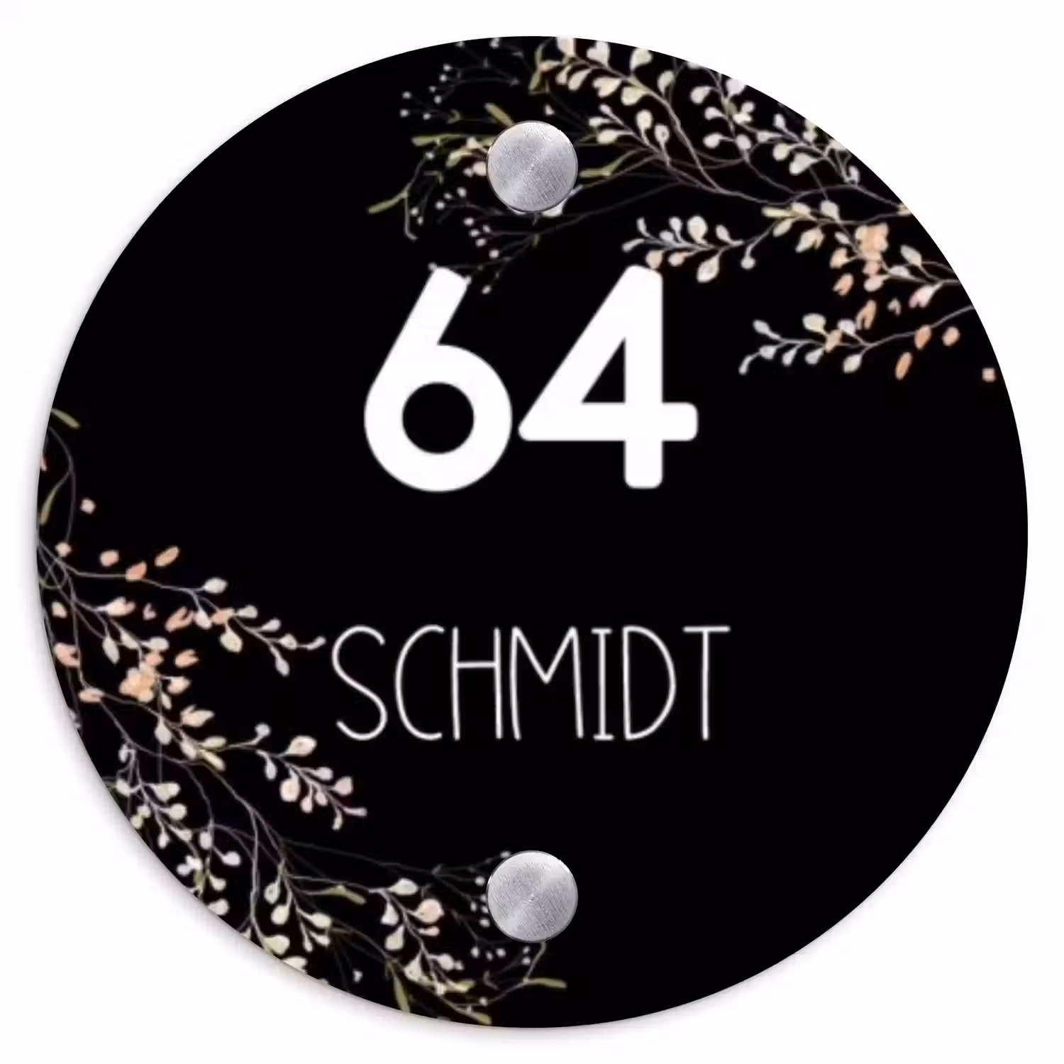 Botanisch - Zwart - Modern Naambord Rond klein -3d
