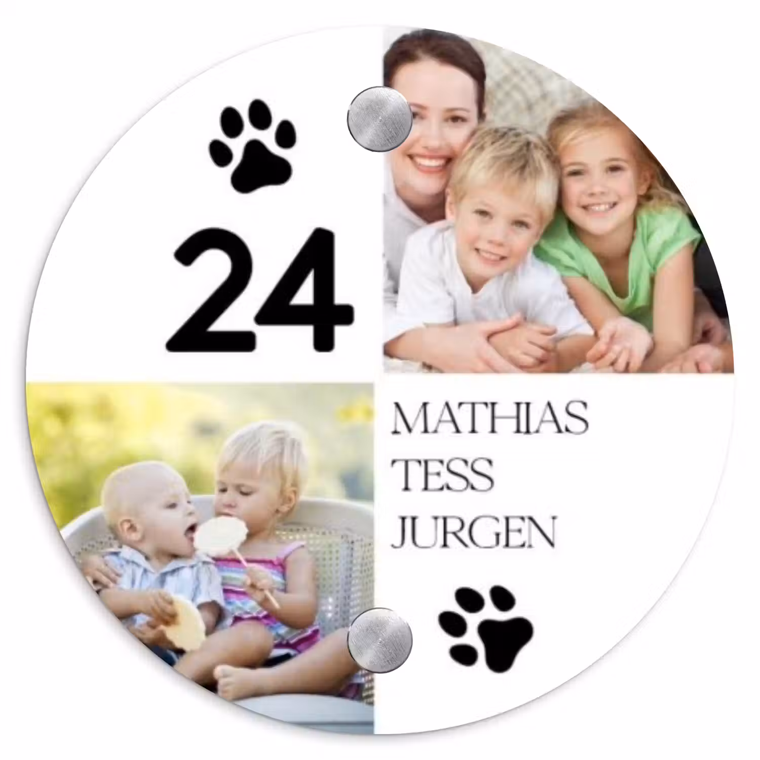 Familieportret met pootafdrukken - Klassiek Naambord Rond klein -3d