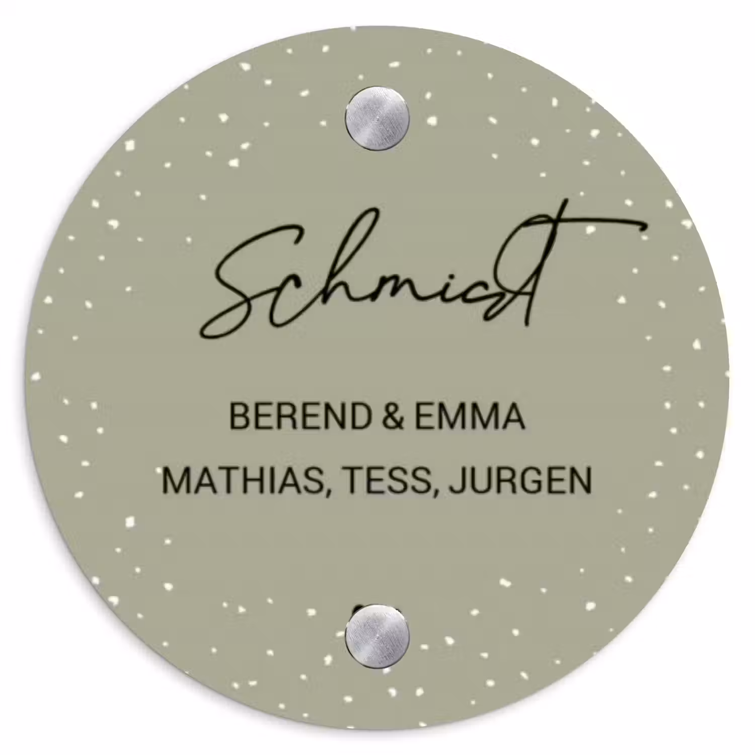 Olijfgroen met stippen - Sierlijk Naambord Rond klein -3d