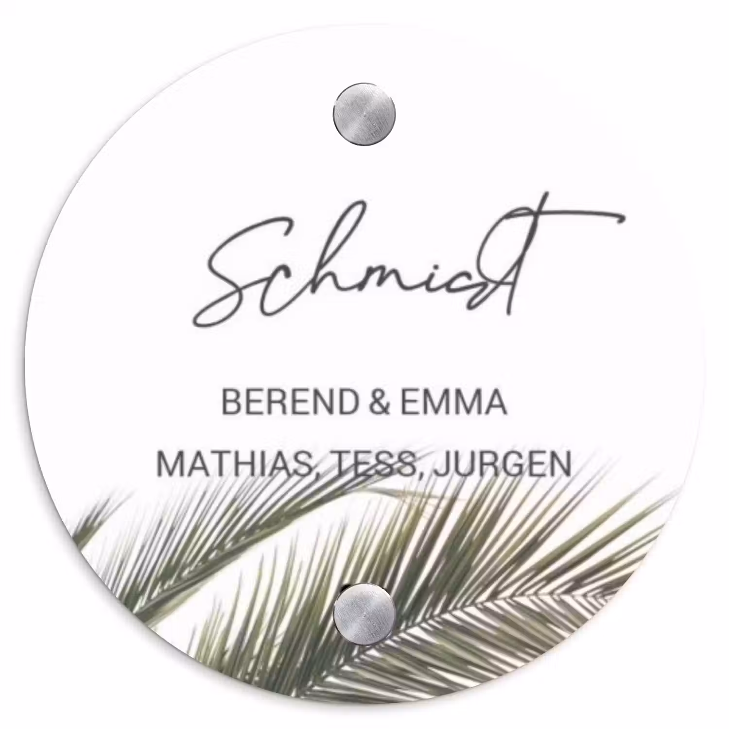 Wit met palmblad - Sierlijk Naambord Rond klein -3d