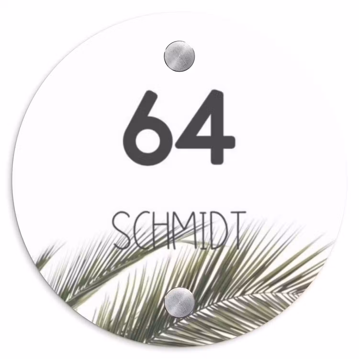 Wit met palmblad - Modern Naambord Rond klein -3d