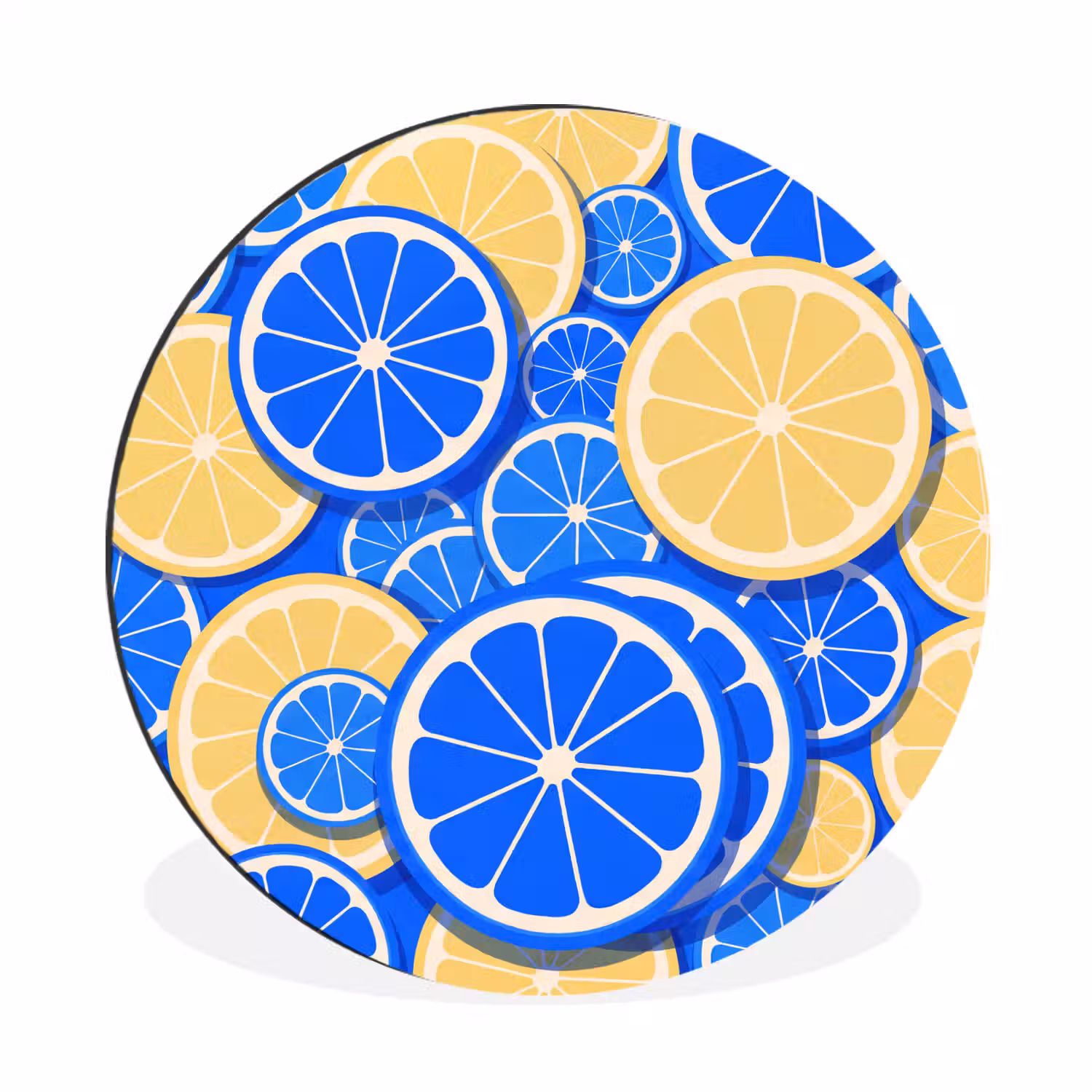Fruit - Schijven - Patroon - Modern - Blauw - Geel Wandcirkel aluminium klein -3d
