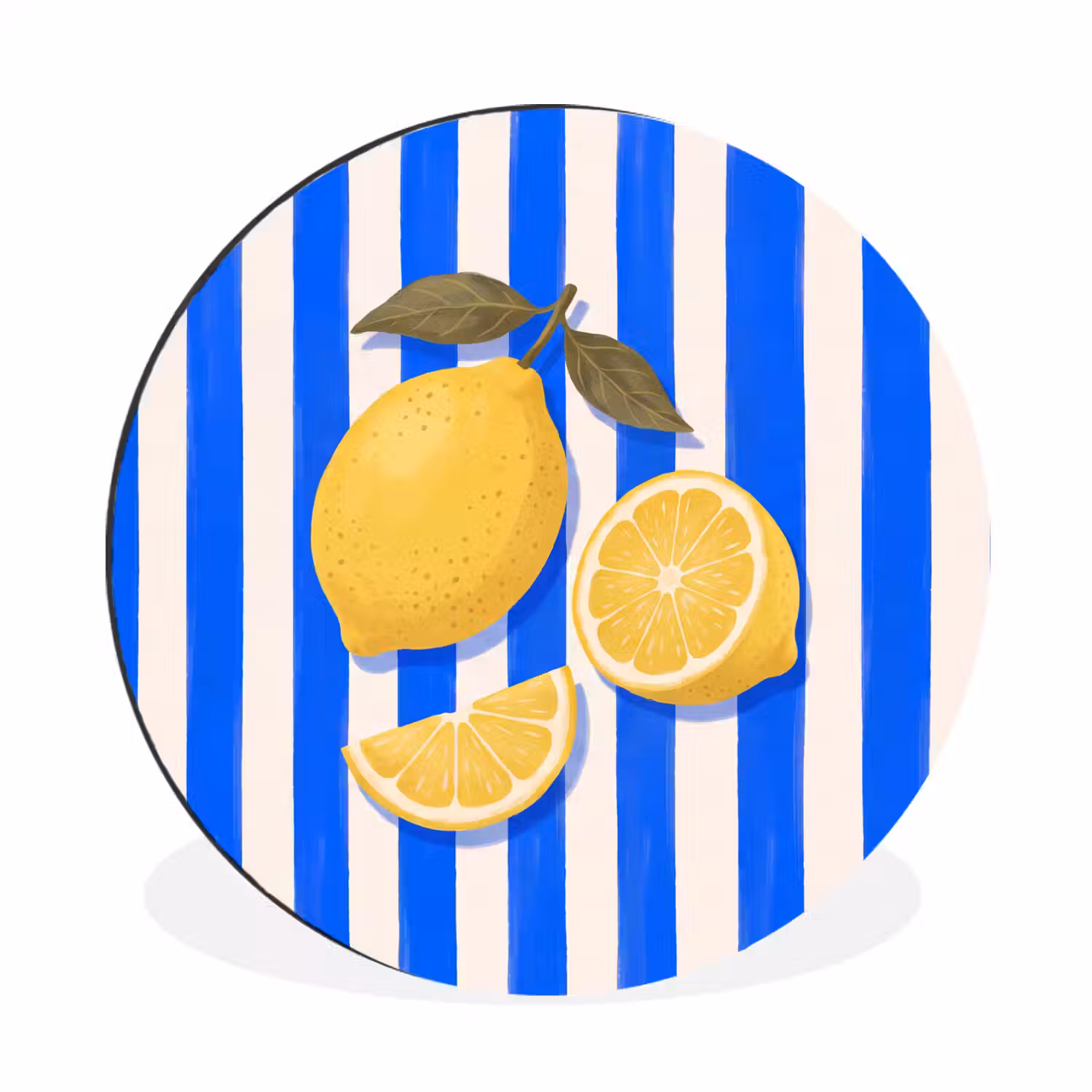 Fruit - Citroen - Zomer - Geel - Blauw Wandcirkel aluminium klein -3d