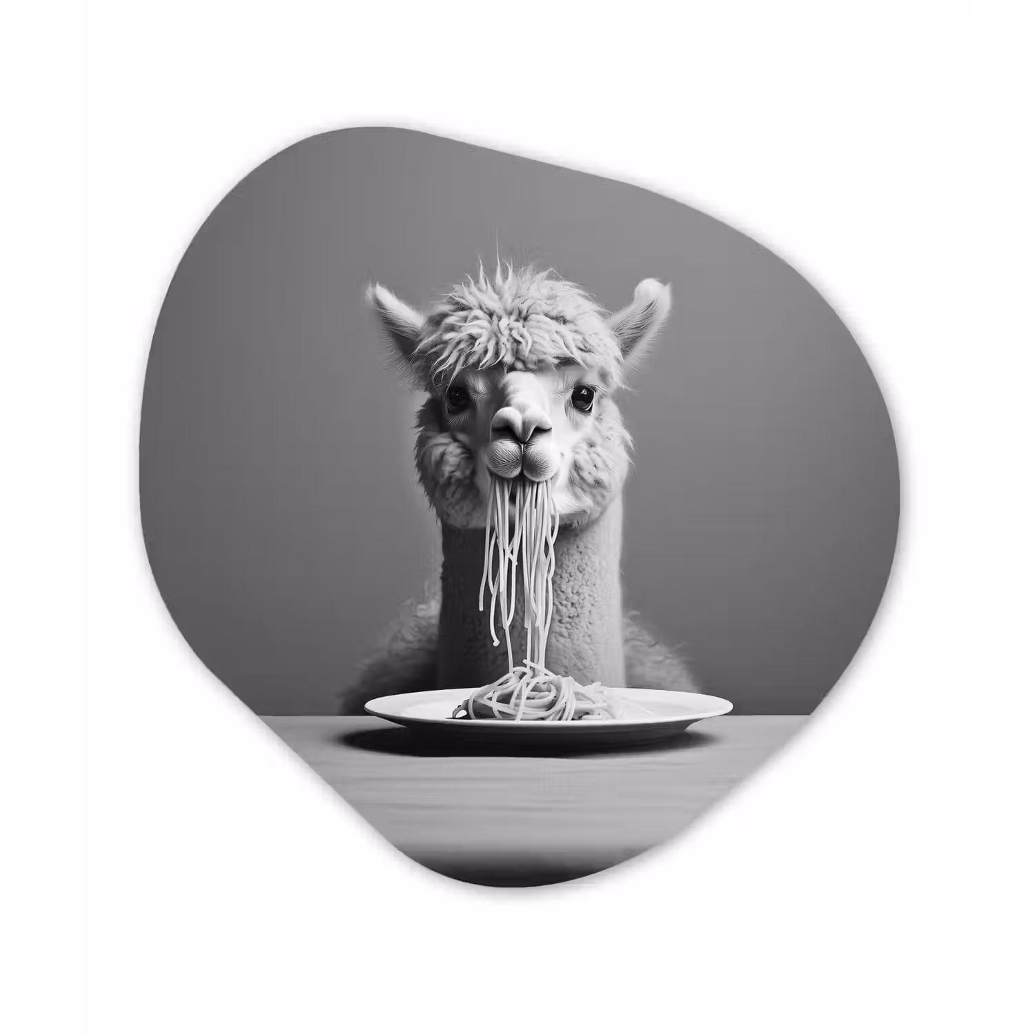 Alpaca - Pasta - Zwart - Wit - Grappig - Dieren Wandcirkel Organisch Aluminium middel -3d