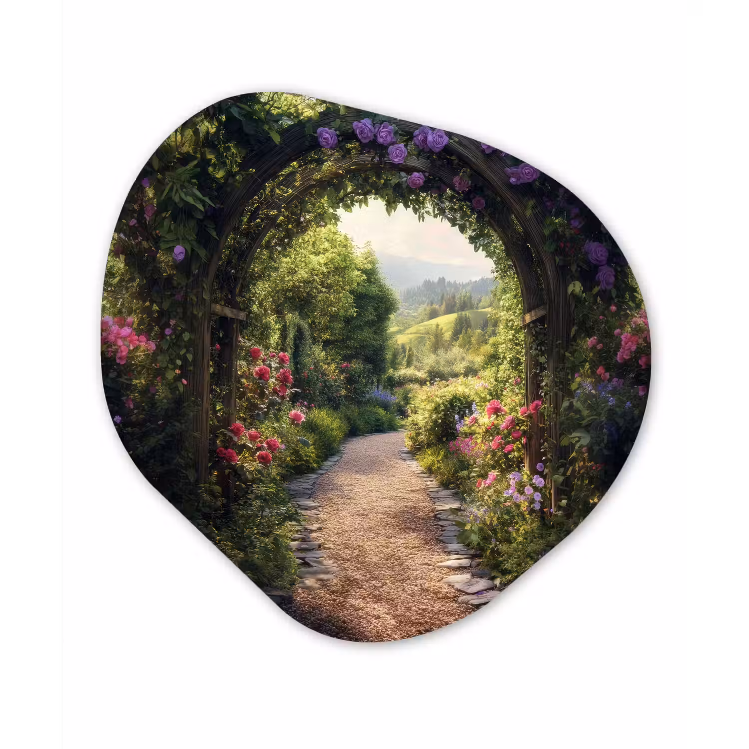 Doorkijk - Landschap - Bloemen - Tuinboog - Natuur Wandcirkel Organisch Aluminium middel -3d
