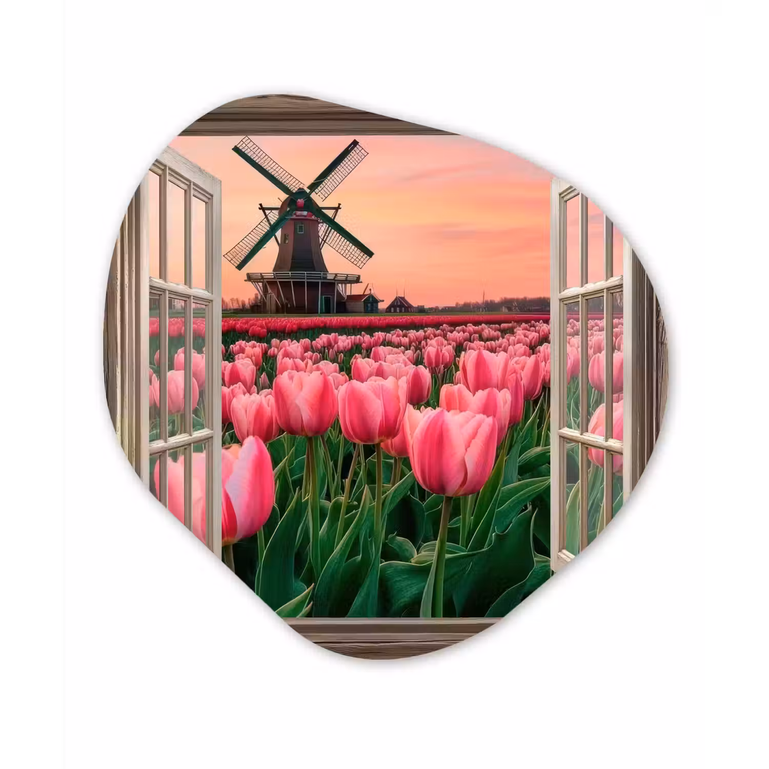 Doorkijk - Tulpen - Bloemen - Molen - Raam Wandcirkel Organisch Aluminium middel -3d