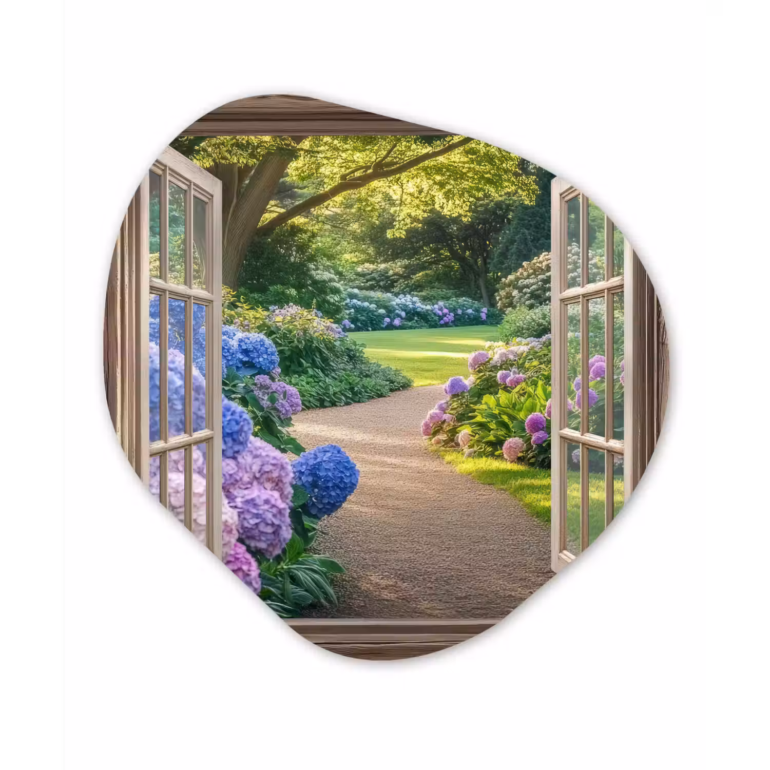Doorkijk - Tuin - Raam - Hortensia - Bloemen Wandcirkel Organisch Aluminium middel -3d