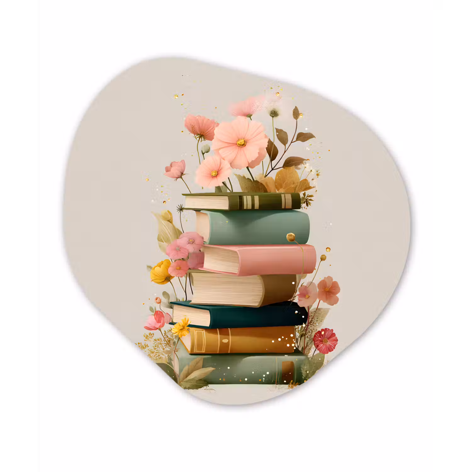 Boeken - Stapel - Bloemen - Kleurrijk Wandcirkel Organisch Aluminium middel -3d