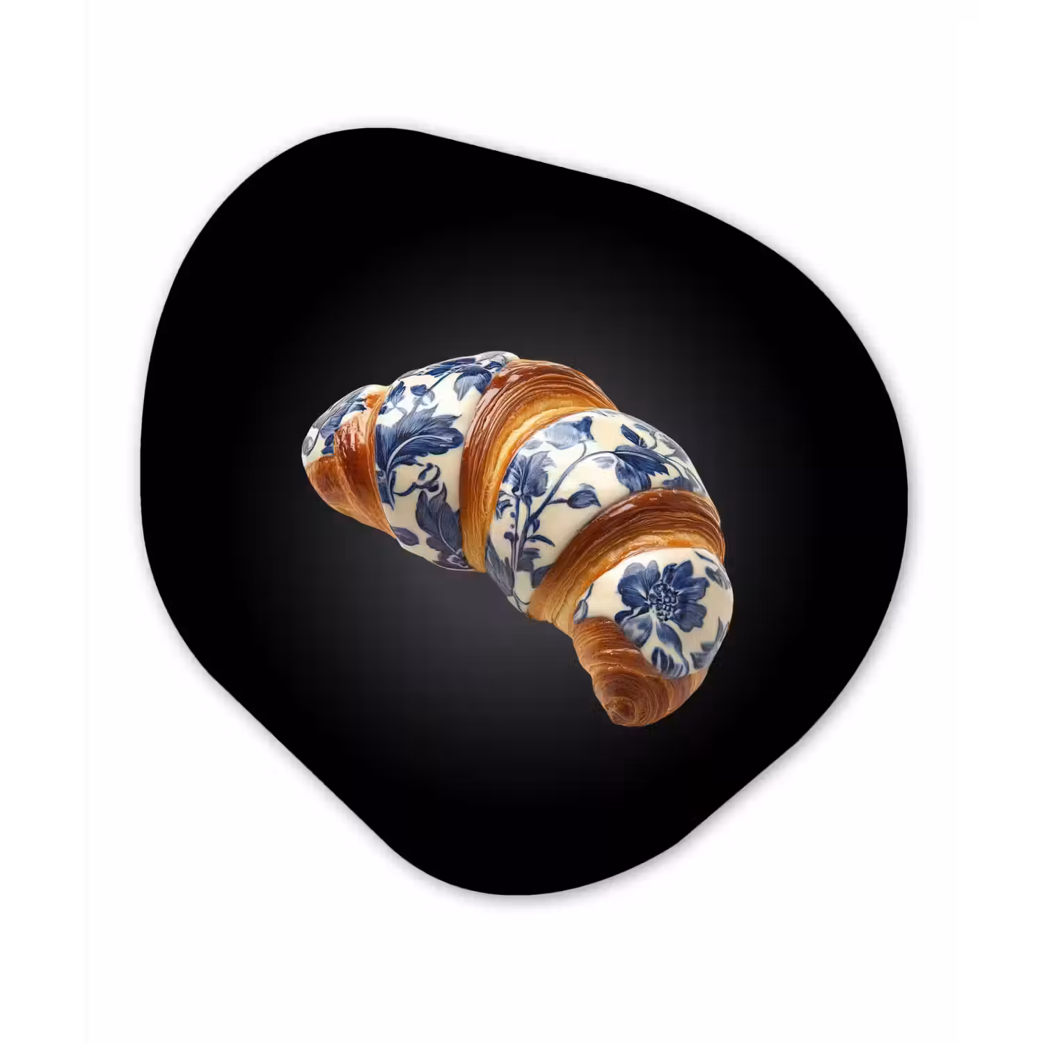 Croissant - Bloemenpatroon - Delftsblauw Wandcirkel Organisch Aluminium middel -3d