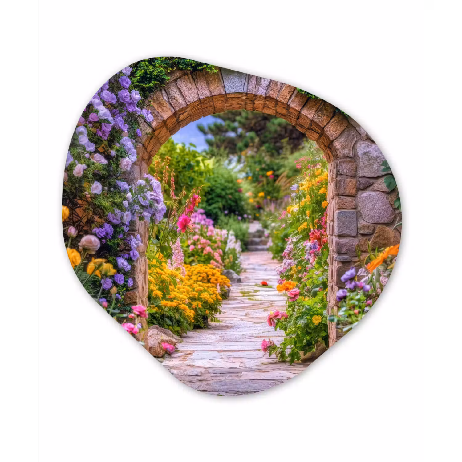 Doorkijk - Bloemen - Pad - Natuur Wandcirkel Organisch Aluminium middel -3d
