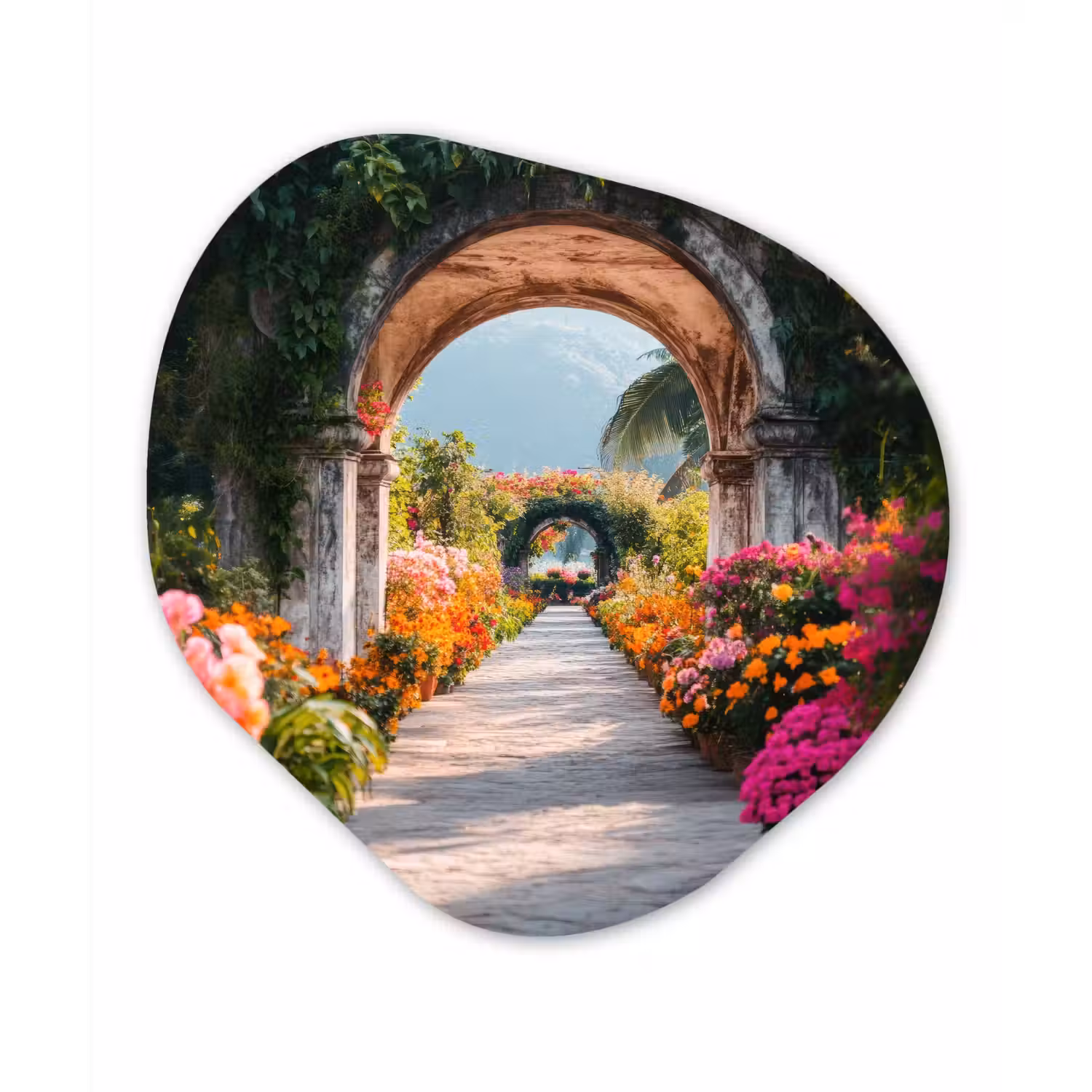 Doorkijk - Bloemen - Tropisch - Kleurrijk Wandcirkel Organisch Aluminium middel -3d