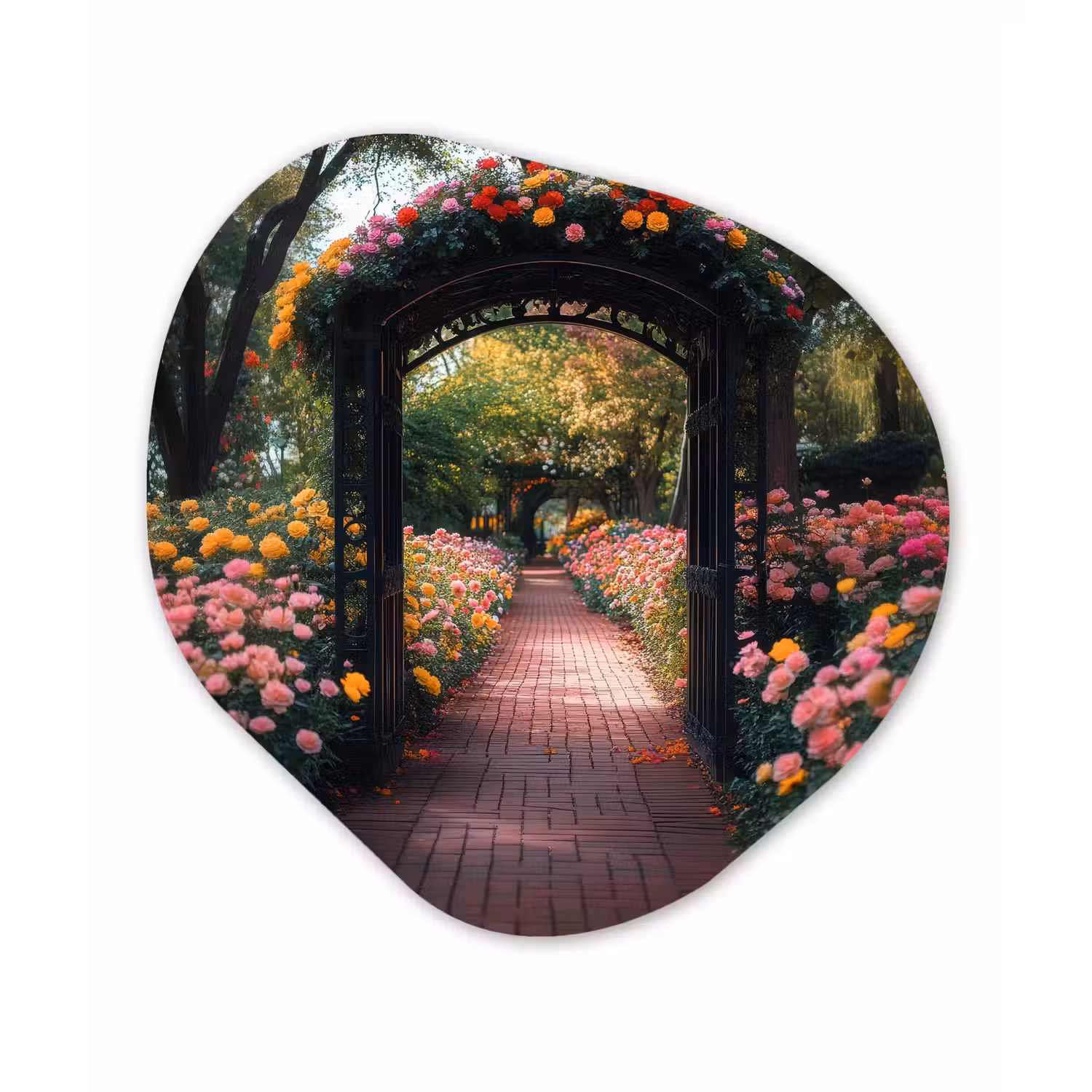 Doorkijk - Bloemen - Pad - Natuur - Kleurrijk Wandcirkel Organisch Aluminium middel -3d