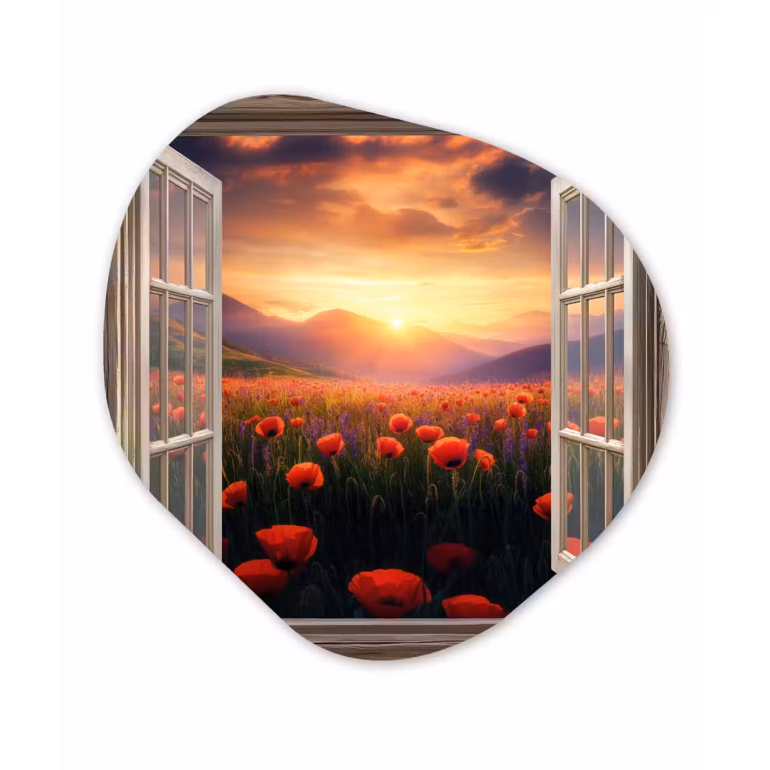 Doorkijk - Klaprozen - Bloemen - Rood - Open raam Wandcirkel Organisch Aluminium middel -3d