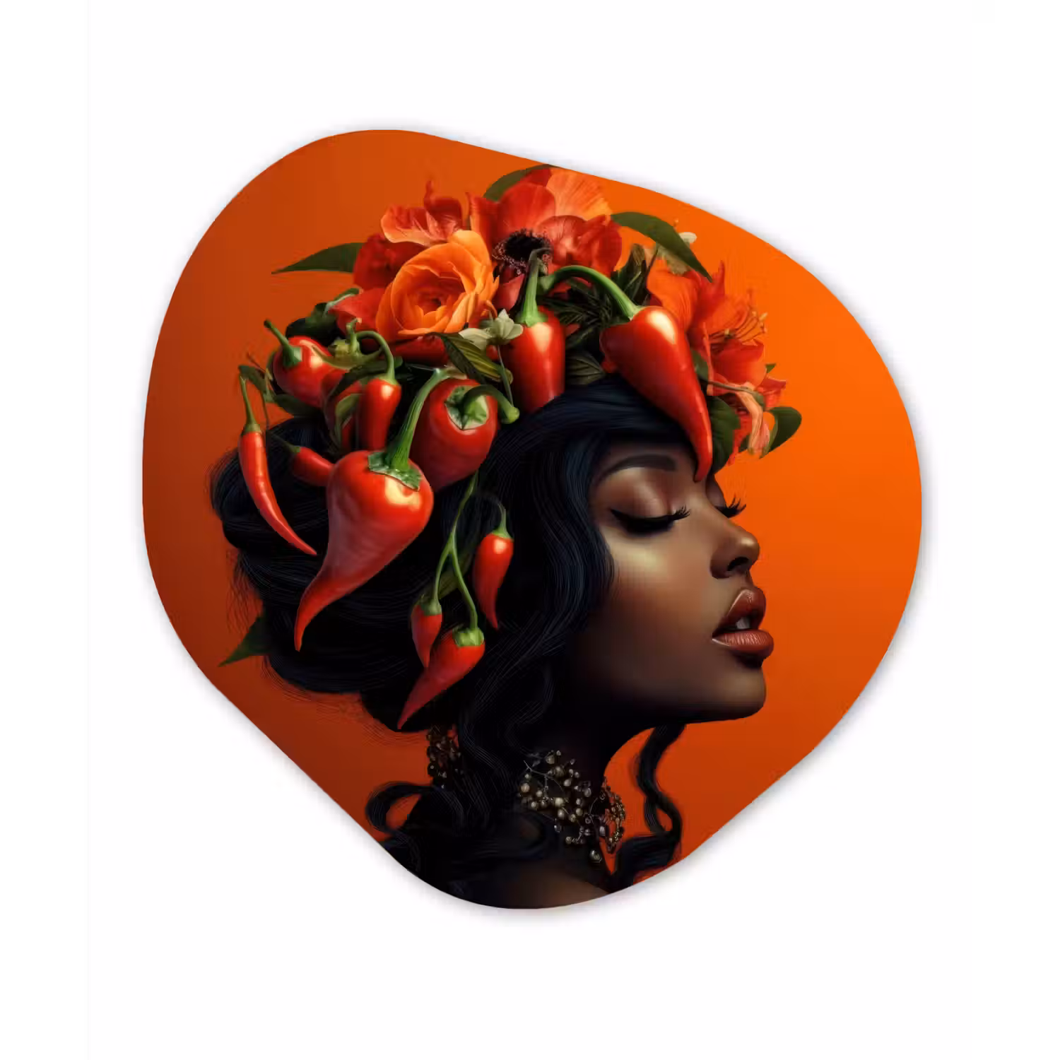 Vrouw - Chilipepers - Pepers - Bloemen Wandcirkel Organisch Aluminium middel -3d
