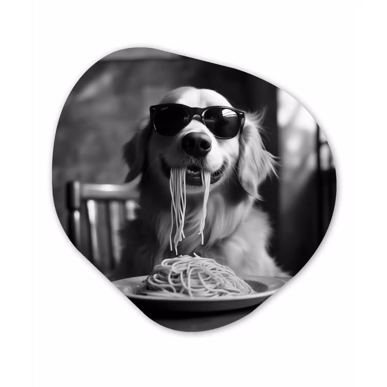 Golden Retriever - Hond - Vrolijk - Bord spaghetti - Zwart - wit Wandcirkel Organisch Aluminium middel -3d