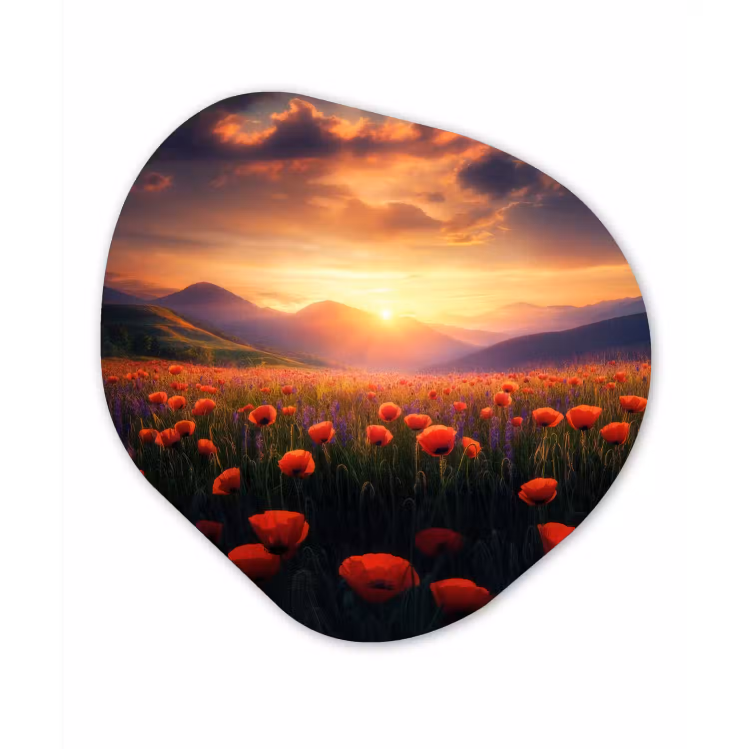 Landschap - Zonsondergang - Bloemenveld Wandcirkel Organisch Aluminium middel -3d