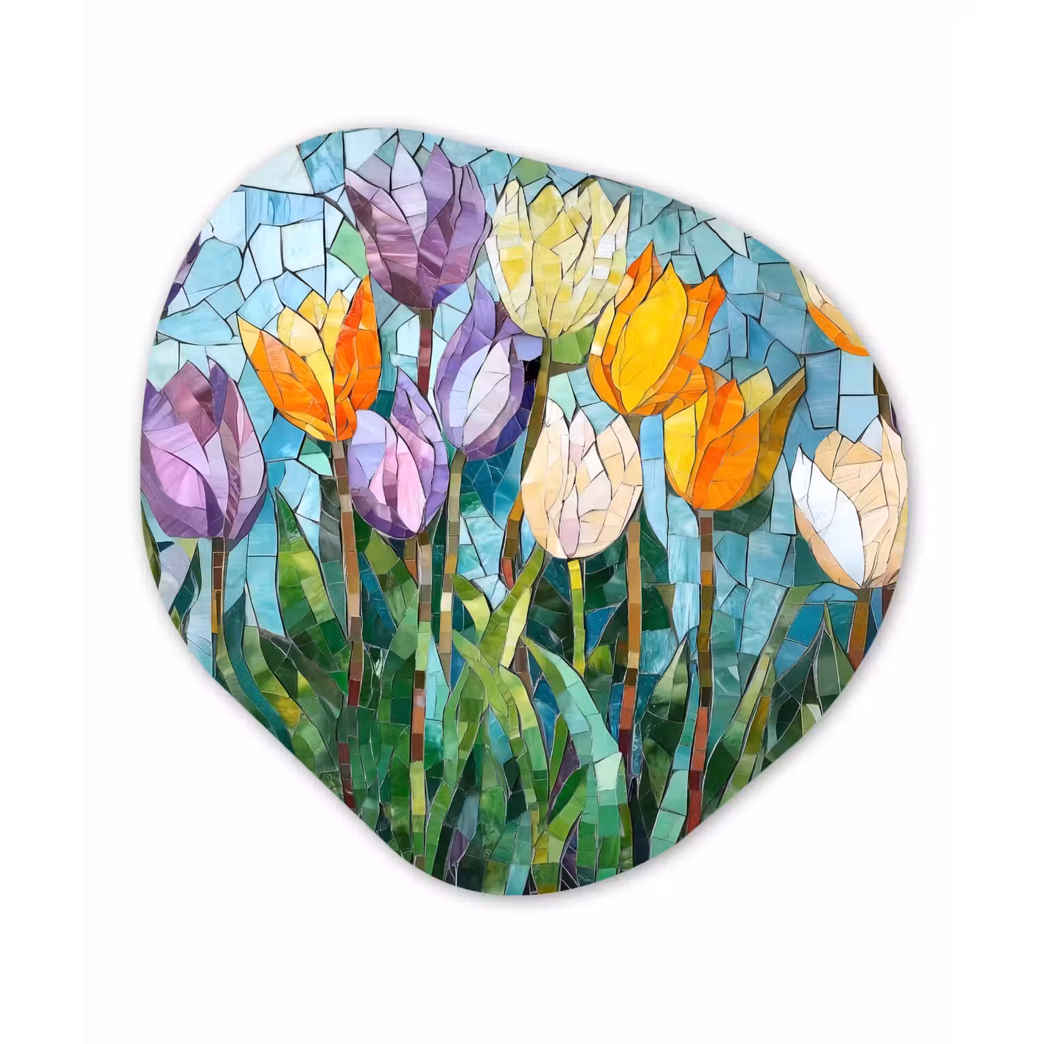 Mozaïek - Veld - Tulpen - Kleurrijk Wandcirkel Organisch Aluminium middel -3d