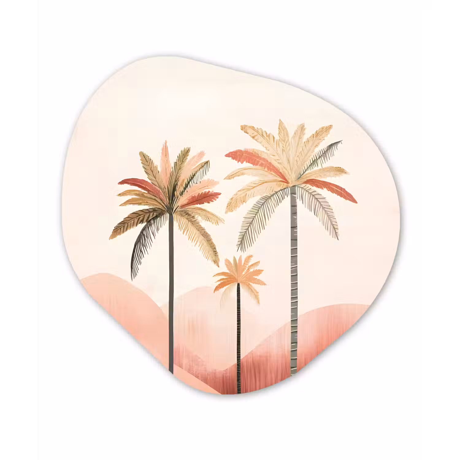 Palmbomen - Heuvels - Minimalistisch - Zachtroze Wandcirkel Organisch Aluminium middel -3d