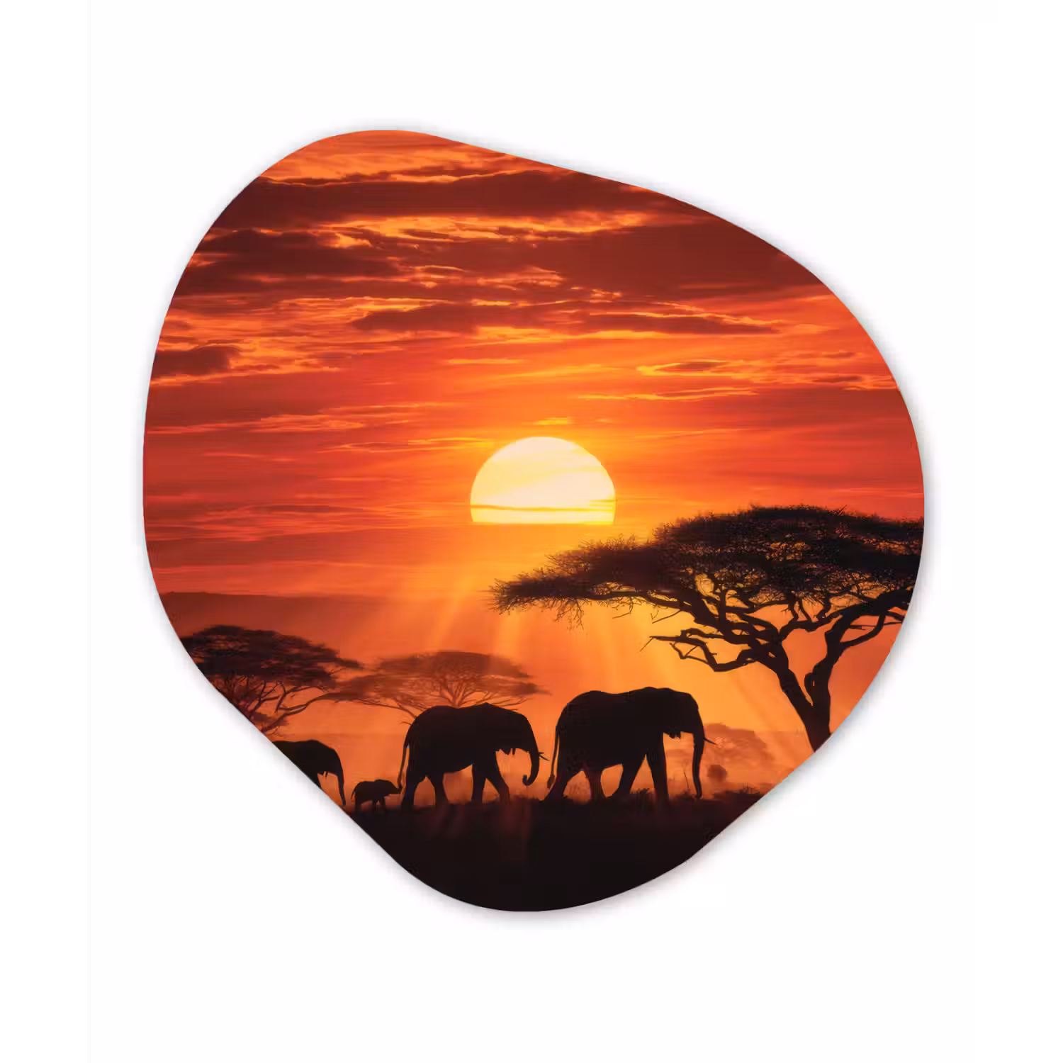 Savanne - Olifanten - Zonsondergang Wandcirkel Organisch Aluminium middel -3d