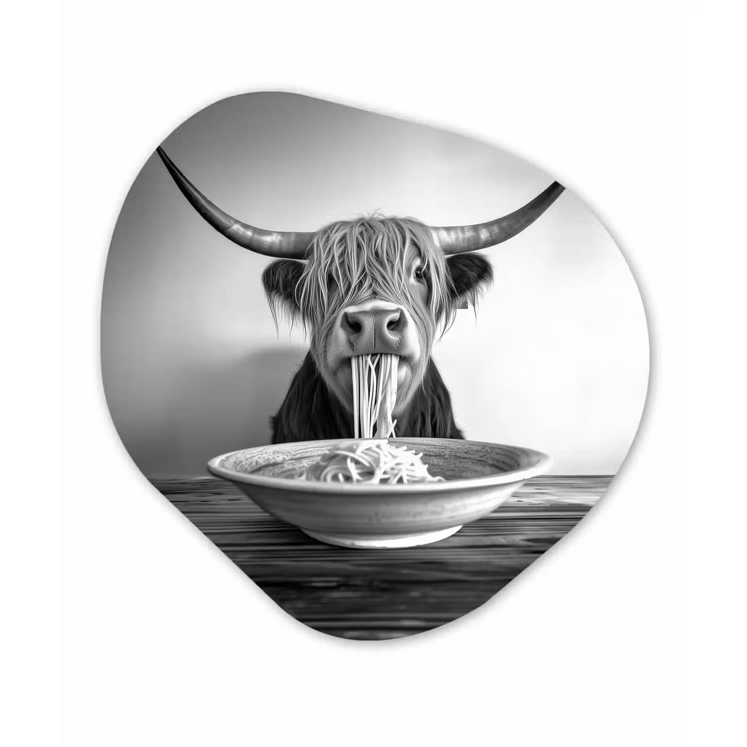 Schotse Hooglander - Spaghetti - Dieren - Zwart wit Wandcirkel Organisch Aluminium middel -3d