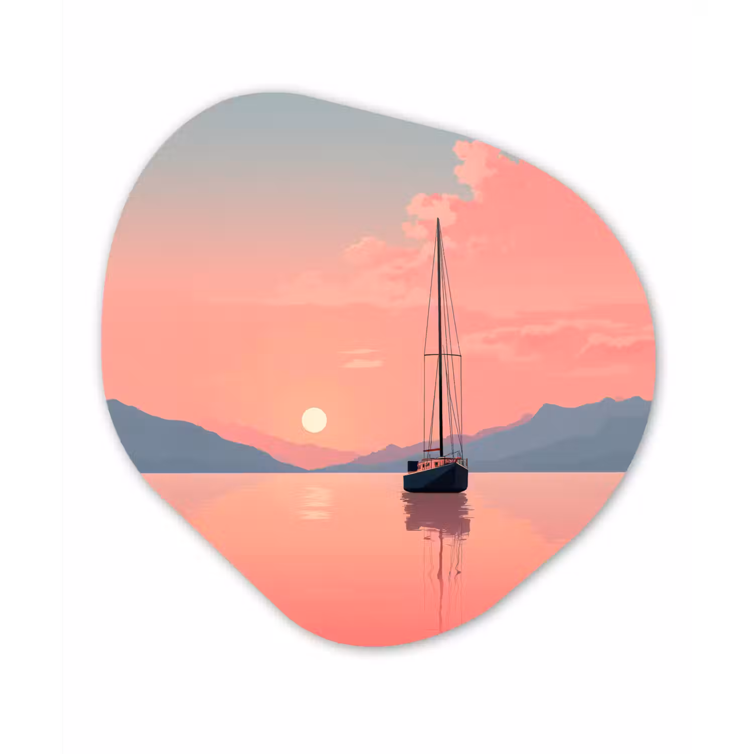 Zeilboot - Roze zee - Zonsondergang - Bergen Wandcirkel Organisch Aluminium middel -3d