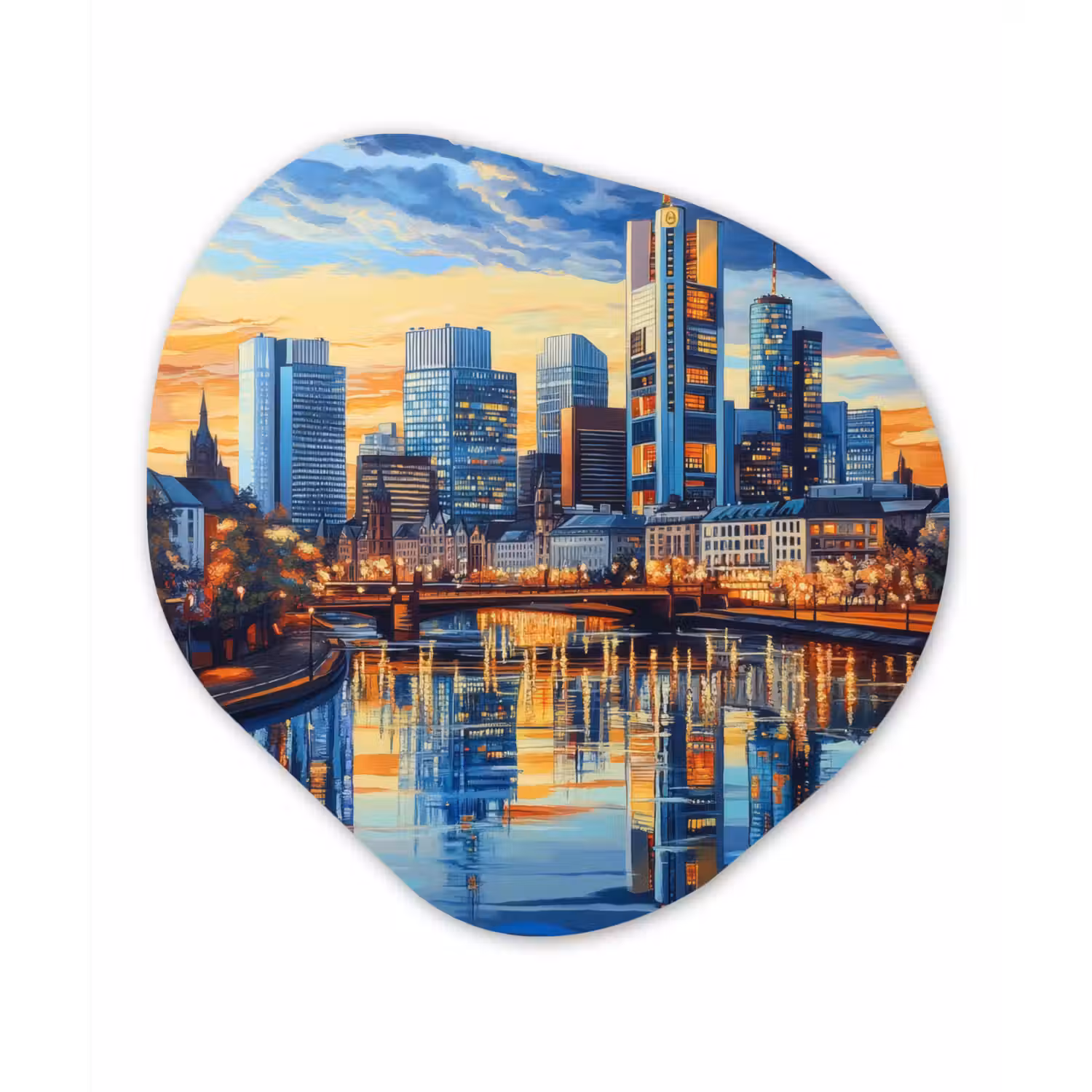 Zonsondergang Frankfurt - Stad - Skyline - Water Wandcirkel Organisch Aluminium middel -3d