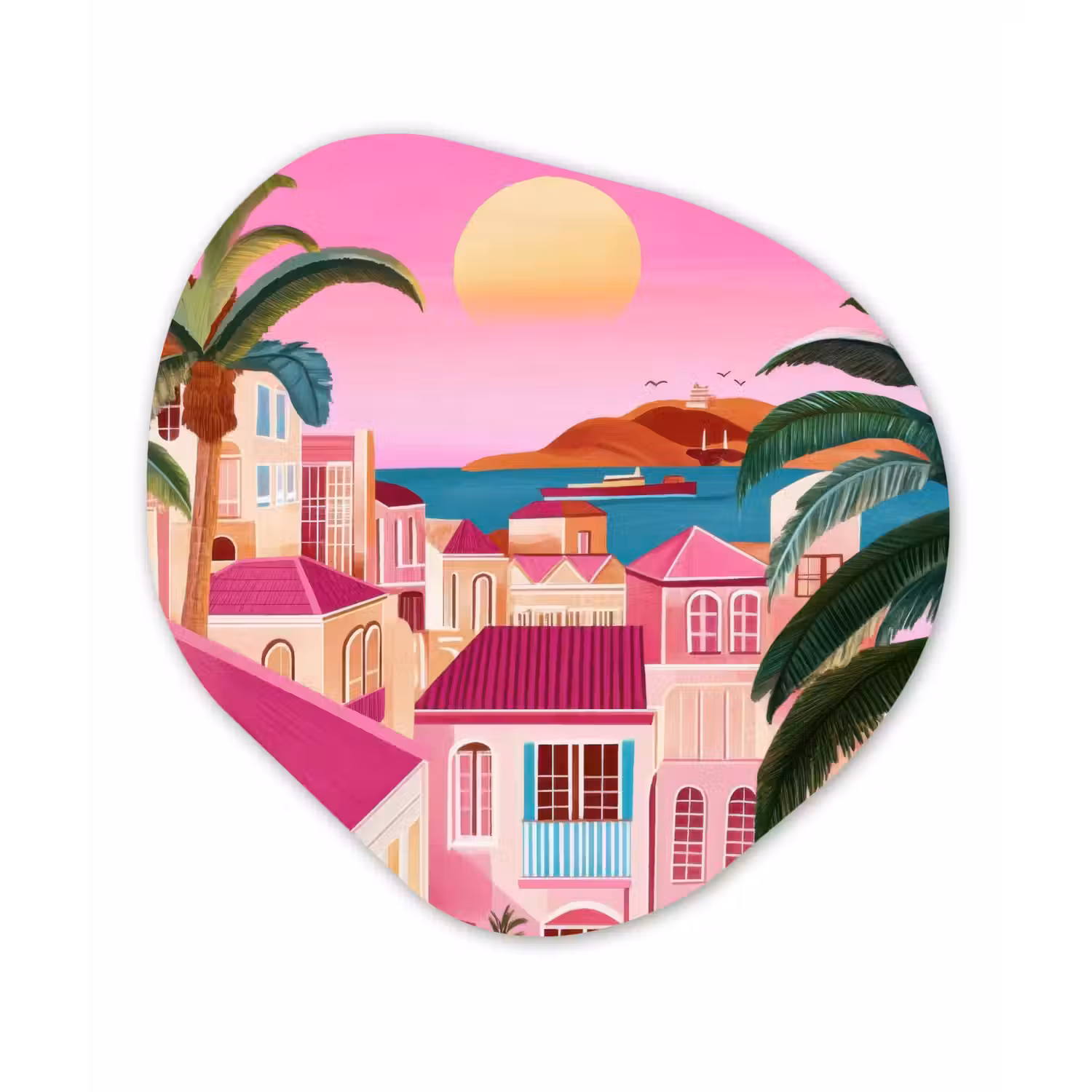 Stad - Roze - Palmbomen Wandcirkel Organisch Aluminium middel -3d