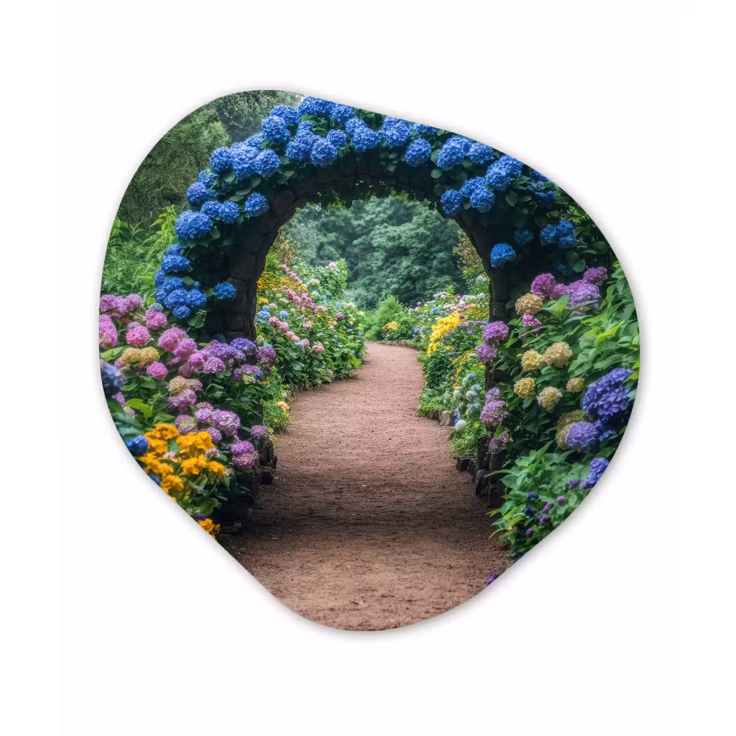 Doorkijk - Bloemen - Hortensia - Pad Wandcirkel Organisch Aluminium middel -3d