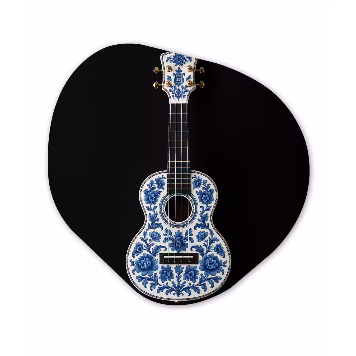 Ukelele - Delfts - Blauw - Muziek Wandcirkel Organisch Aluminium middel -3d