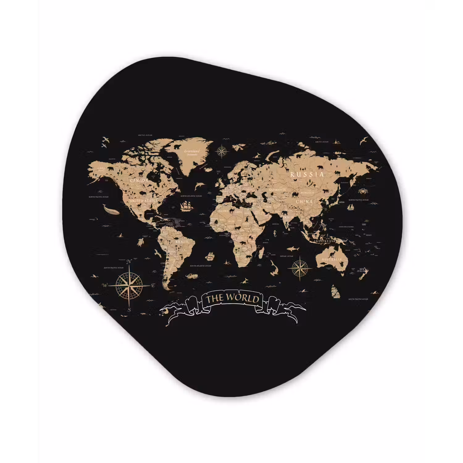 Wereldkaart - Beige - Zwart Wandcirkel Organisch Aluminium middel -3d