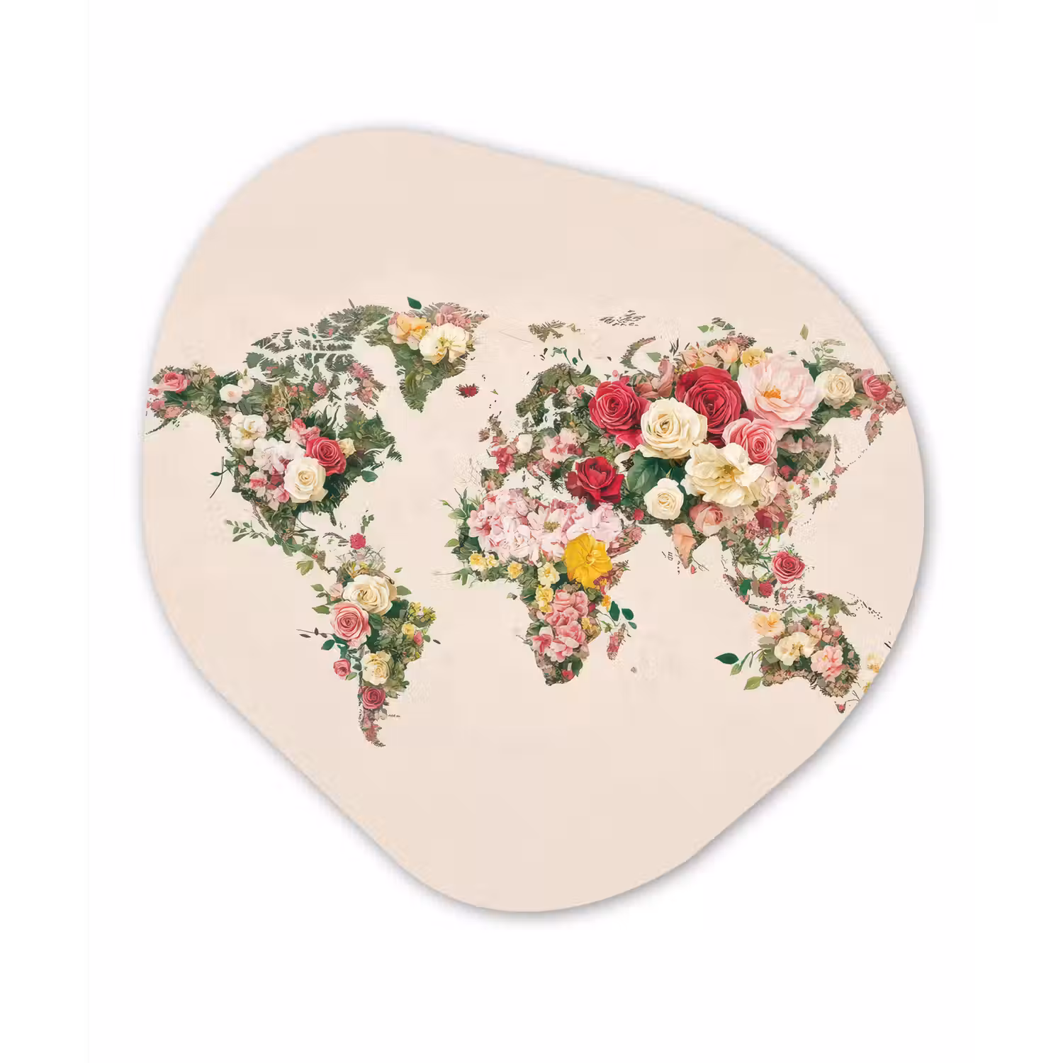 Wereldkaart - Bloemen - Roze Wandcirkel Organisch Aluminium middel -3d