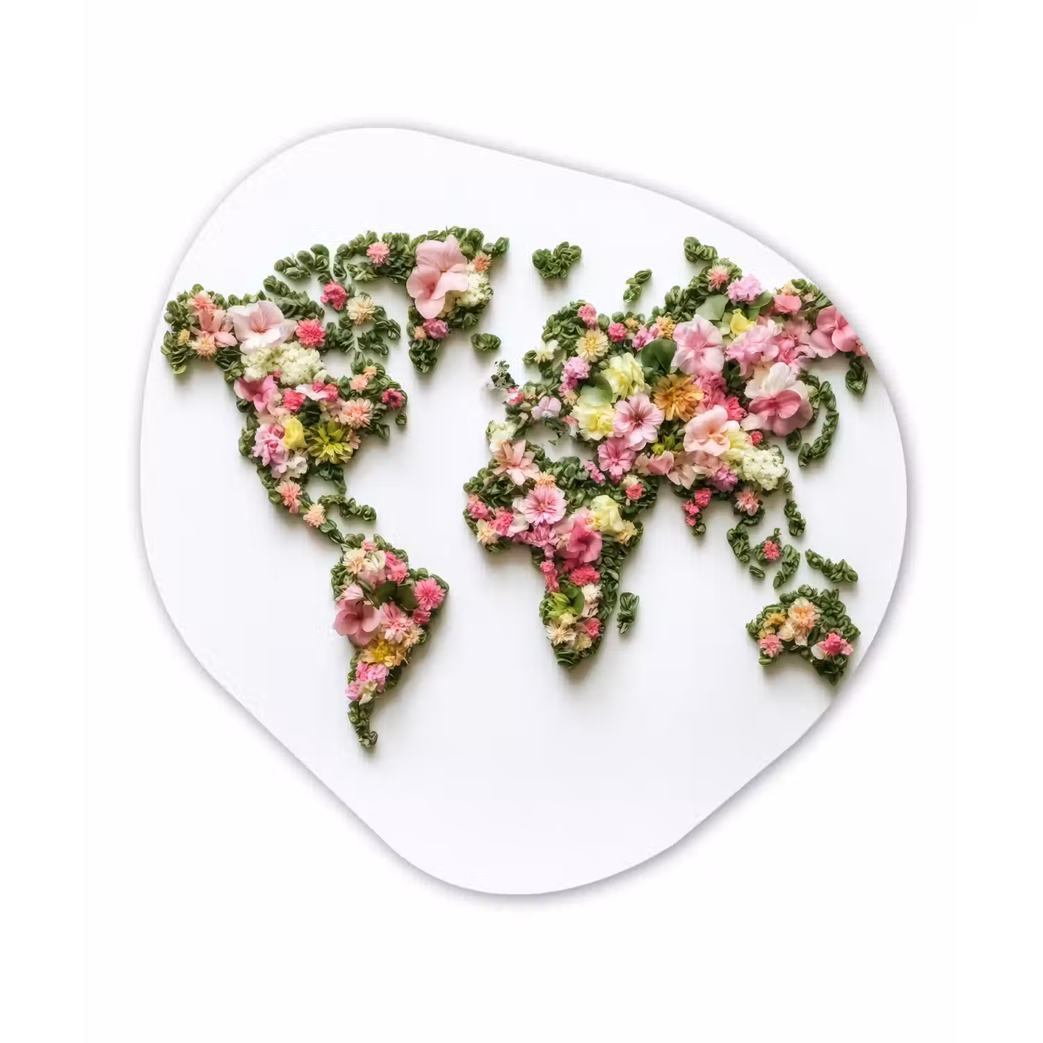 Wereldkaart - Kleurrijk - Bloemen - Lente Wandcirkel Organisch Aluminium middel -3d