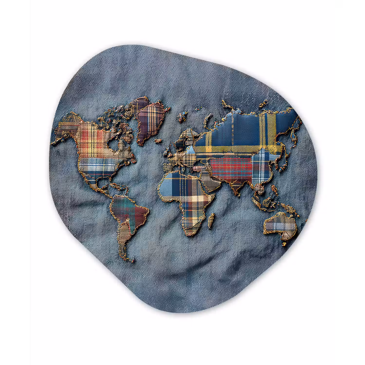 Wereldkaart - Denim - Textiel Wandcirkel Organisch Aluminium middel -3d