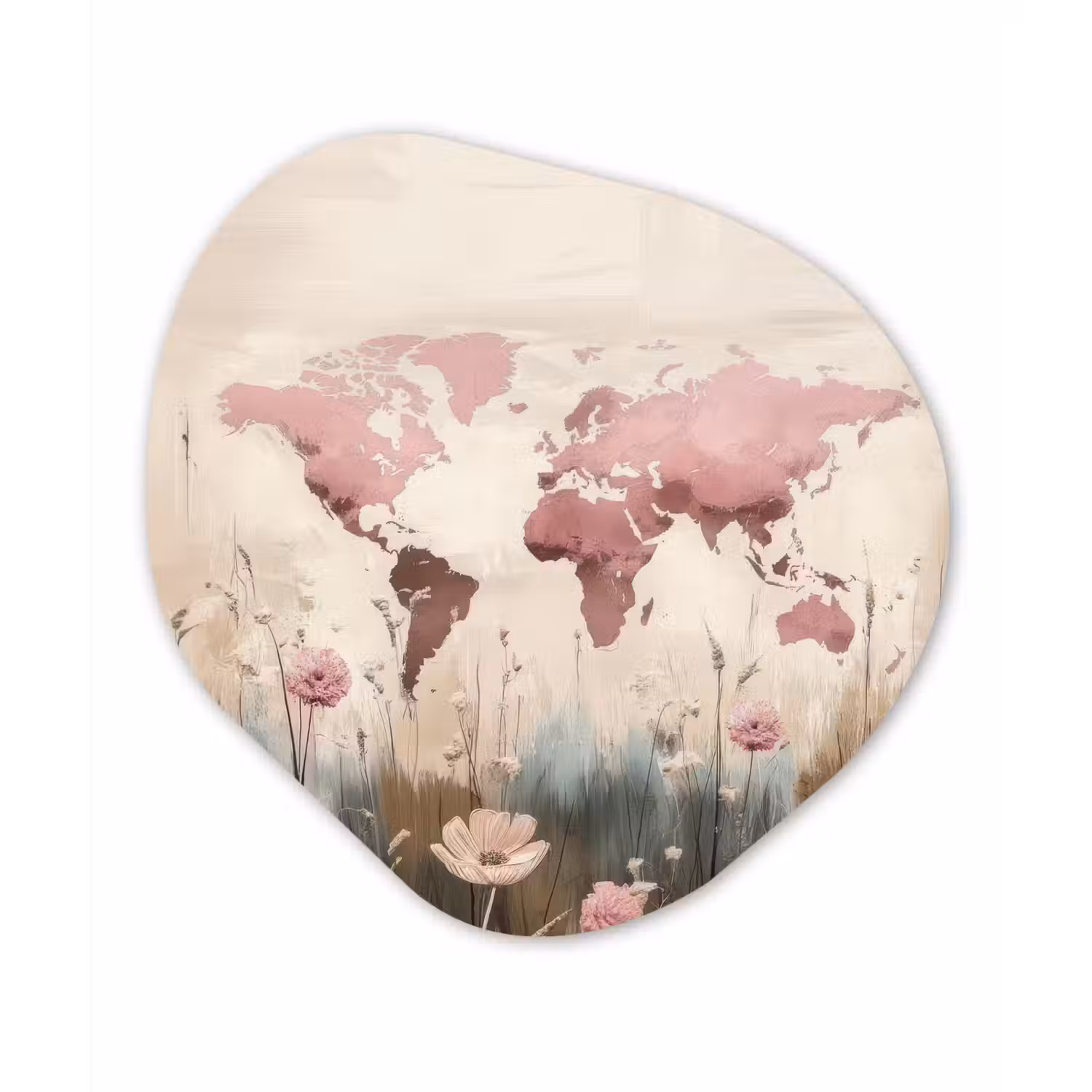Wereldkaart - Roze - Bloemen Wandcirkel Organisch Aluminium middel -3d