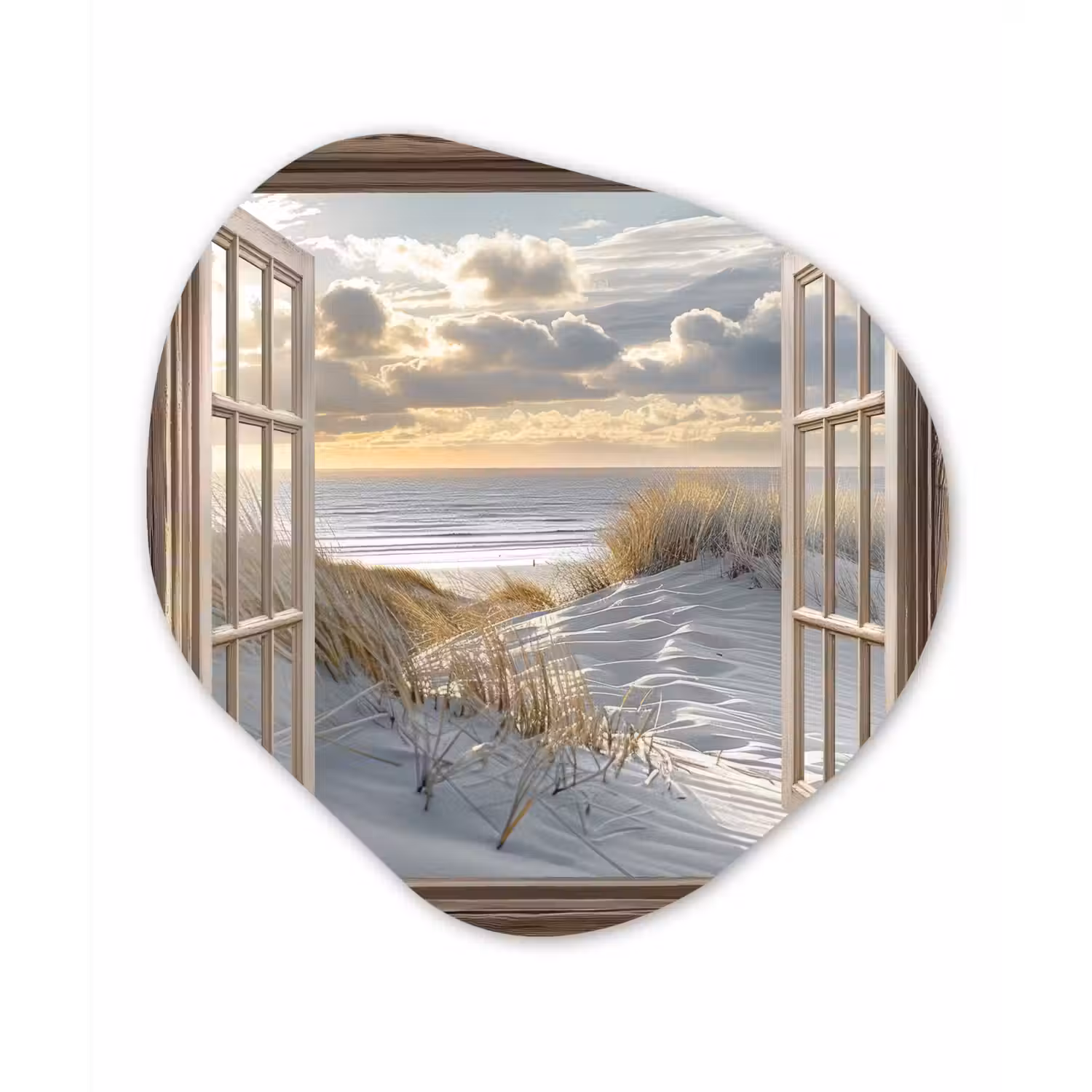 Doorkijk - Strand - Duinen - Zee - Natuur Wandcirkel Organisch Plexiglas middel -3d