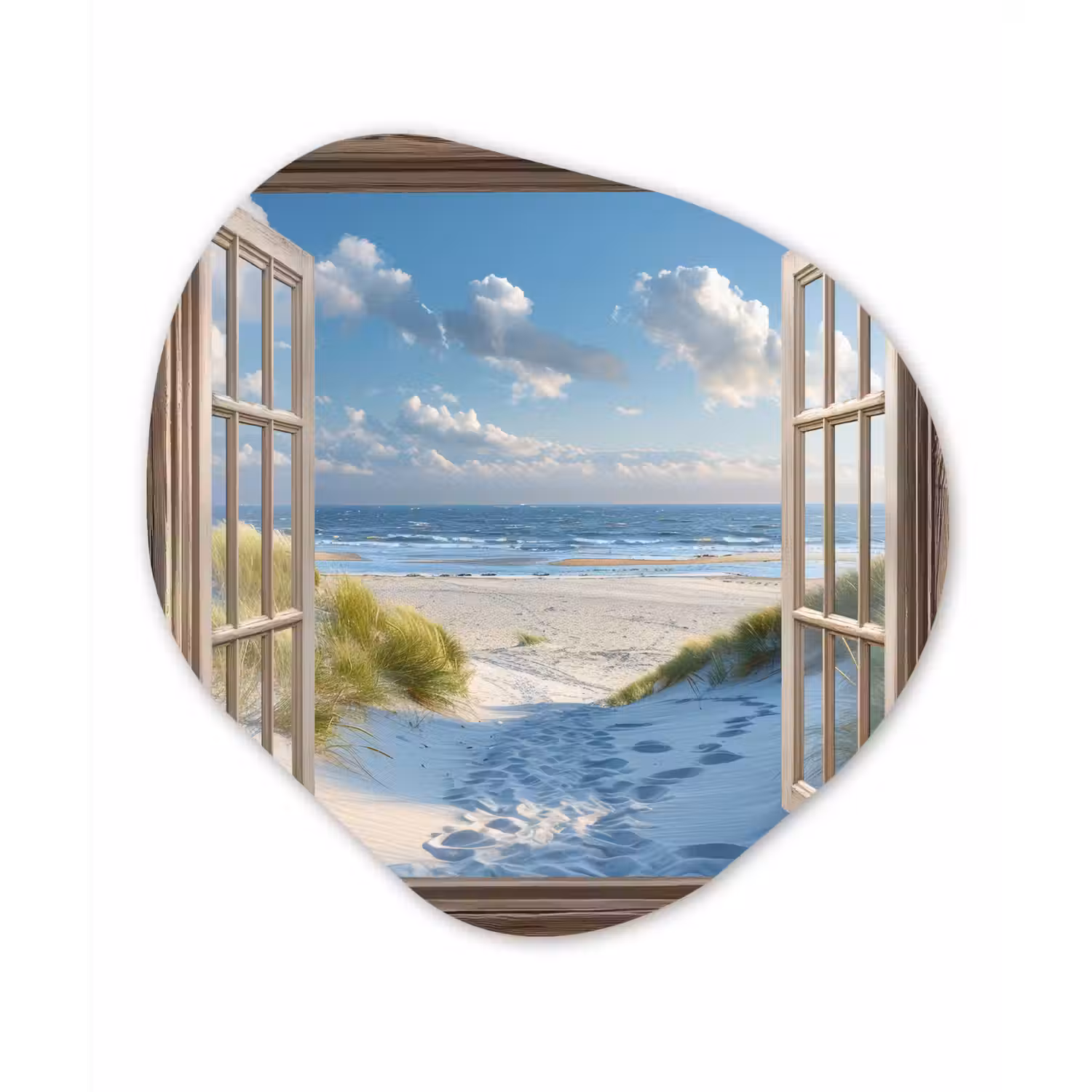 Doorkijk - Strand - Raam - Duinen - Zee Wandcirkel Organisch Plexiglas middel -3d
