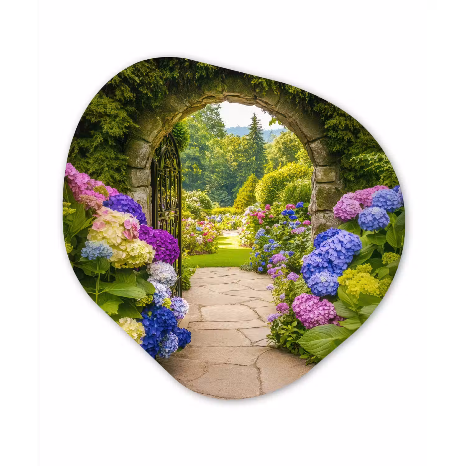 Doorkijk - Poort - Hortensia - Bloementuin Wandcirkel Organisch Plexiglas middel -3d