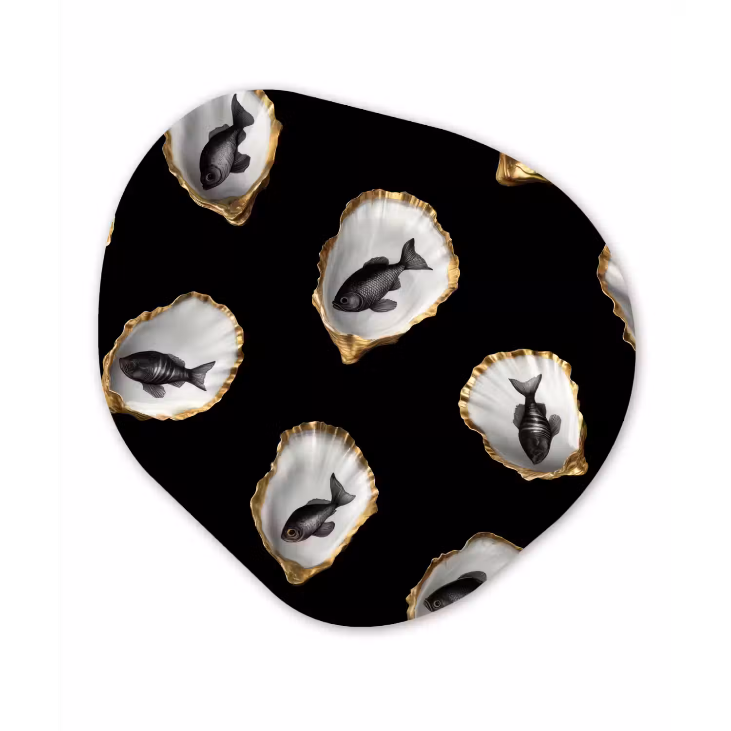 Oesters - Zwart - Vissen - Goud Wandcirkel Organisch Plexiglas middel -3d