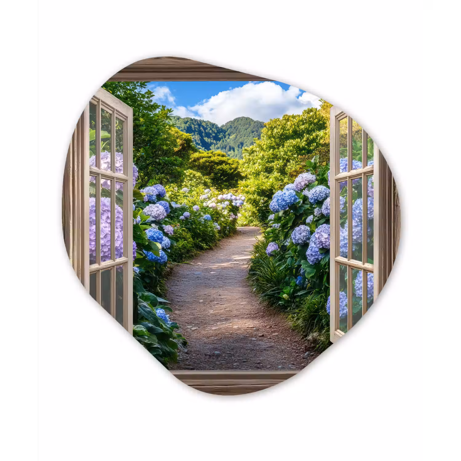 Doorkijk - Hortensia - Pad - Natuur Wandcirkel Organisch Plexiglas middel -3d