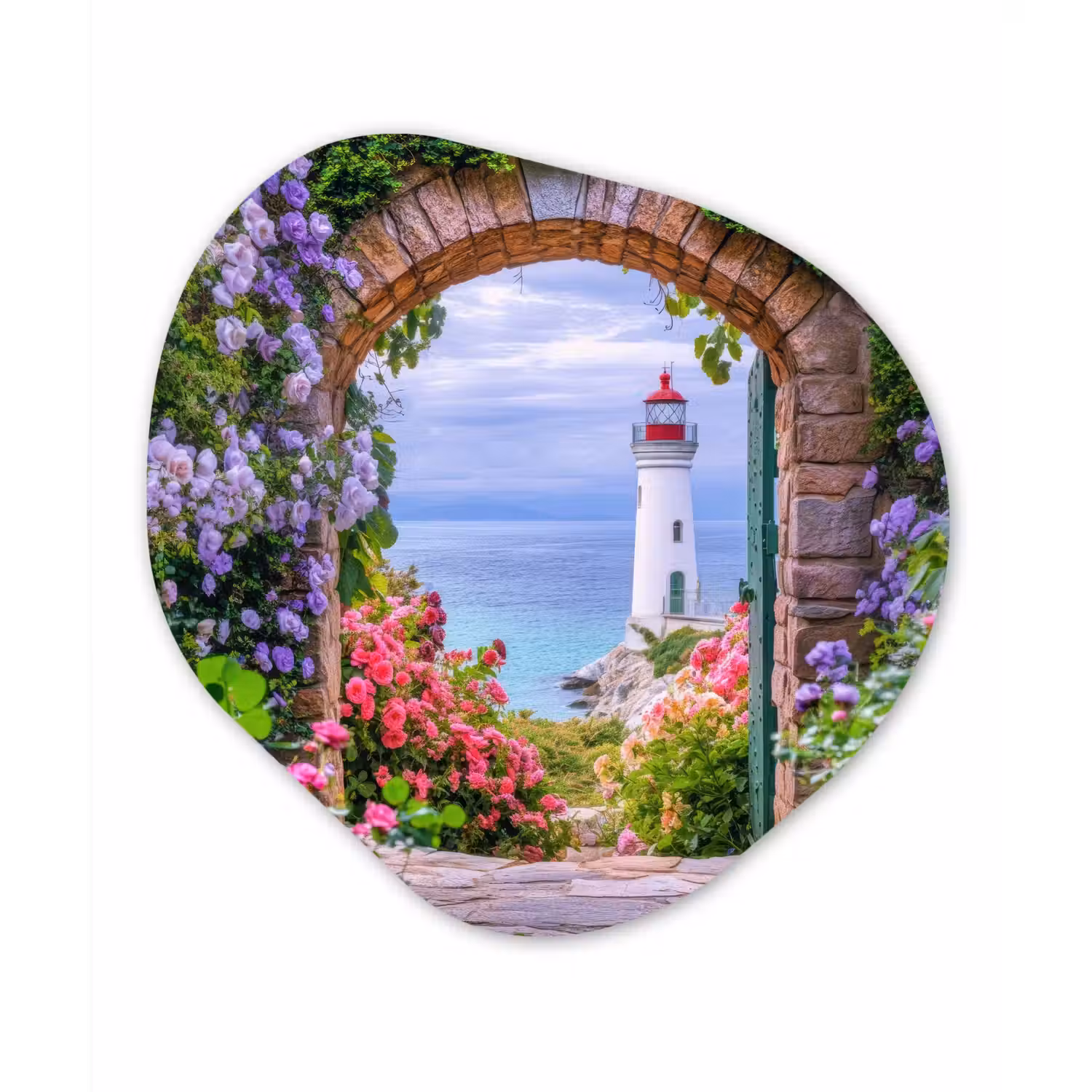 Doorkijk - Vuurtoren - Bloemen - Uitzicht Wandcirkel Organisch Plexiglas middel -3d
