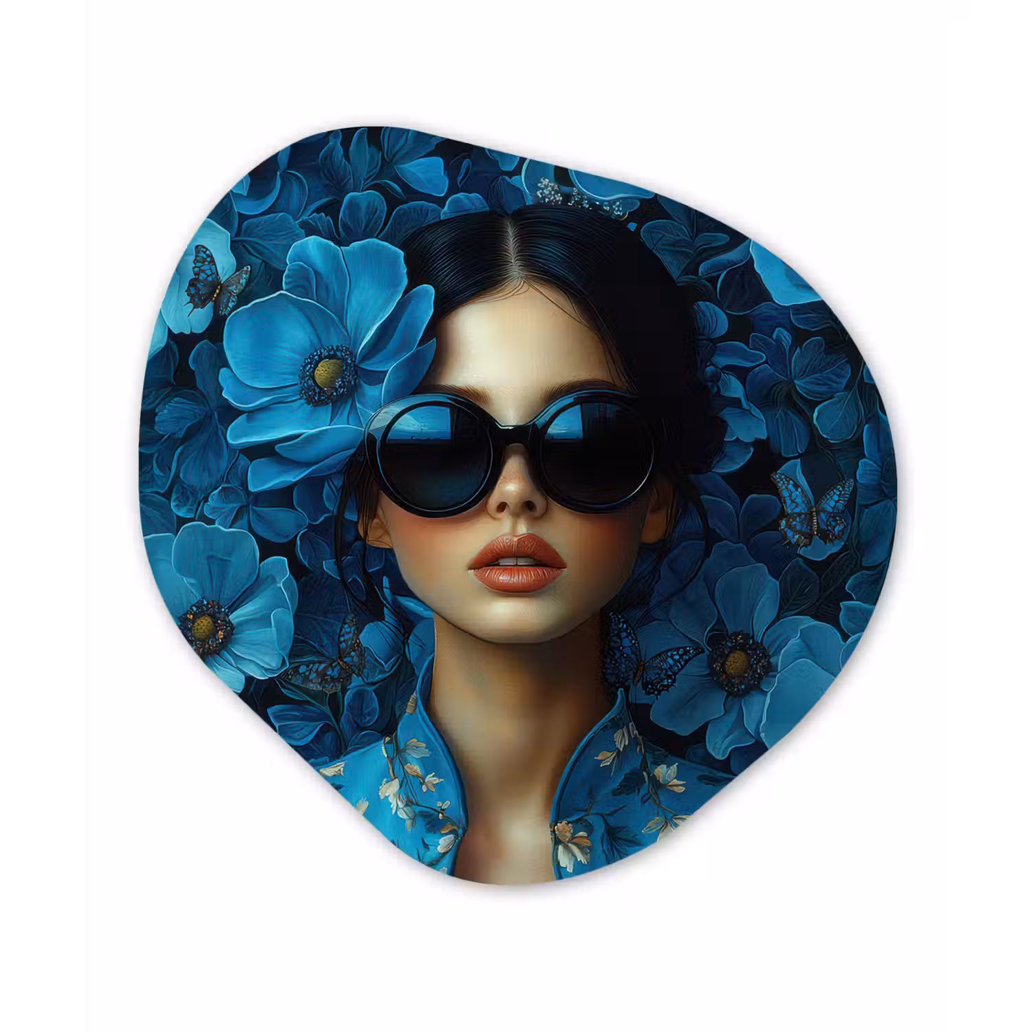 Vrouw - Bloemen - Blauw - Aesthetic - Luxe Wandcirkel Organisch Plexiglas middel -3d