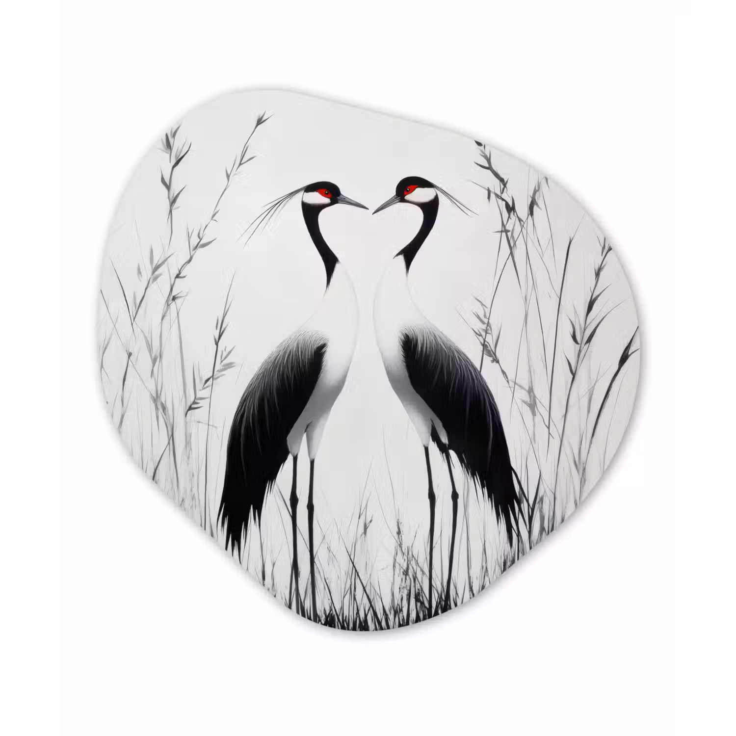 Kraanvogels - Gras - Hartvorm - Zwart Wandcirkel Organisch Plexiglas middel -3d